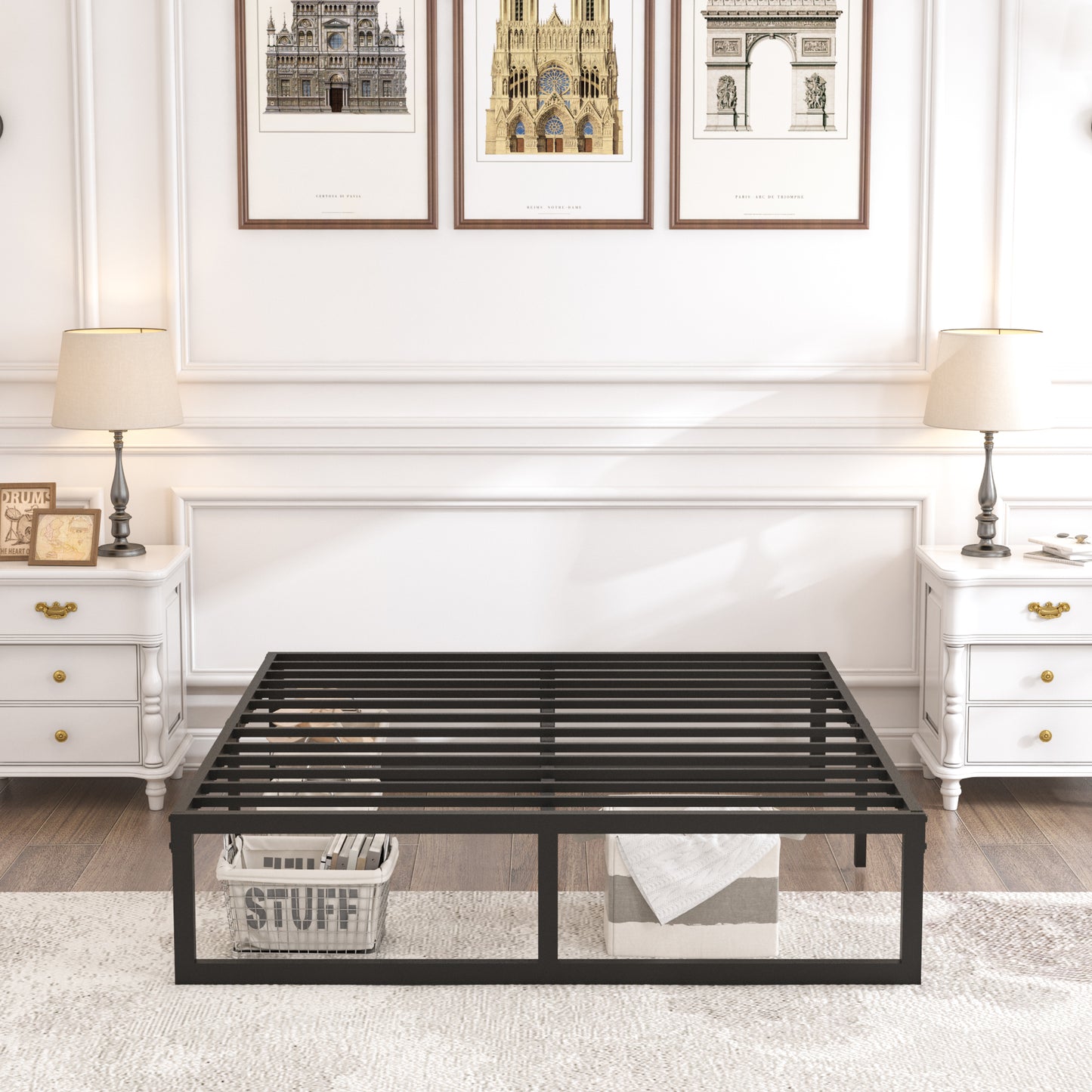 Queen Bed Frame,3500 lbs Heavy Duty Metal Platform, Steel Slats Support/No Box Spring Needed/Noise Free/Non-Slip/Easy Assembly