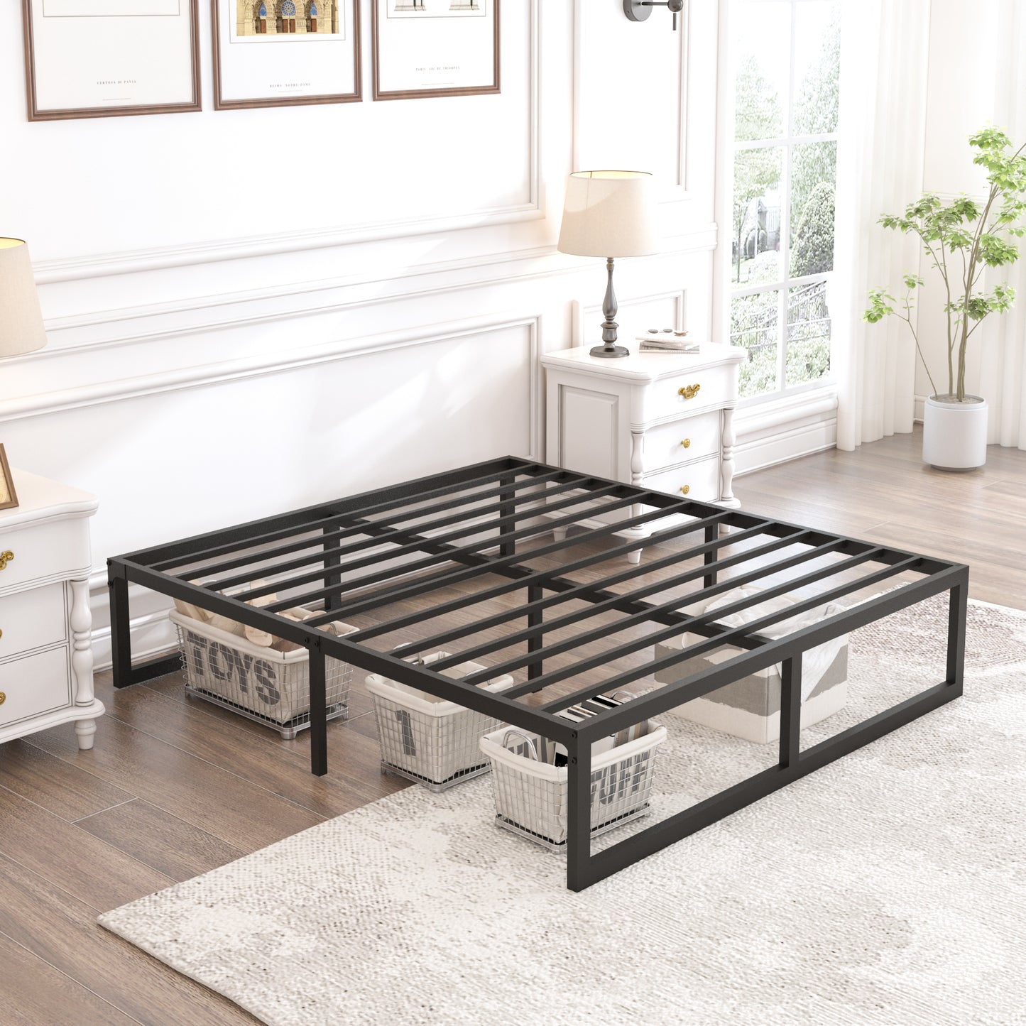 Queen Bed Frame,3500 lbs Heavy Duty Metal Platform, Steel Slats Support/No Box Spring Needed/Noise Free/Non-Slip/Easy Assembly