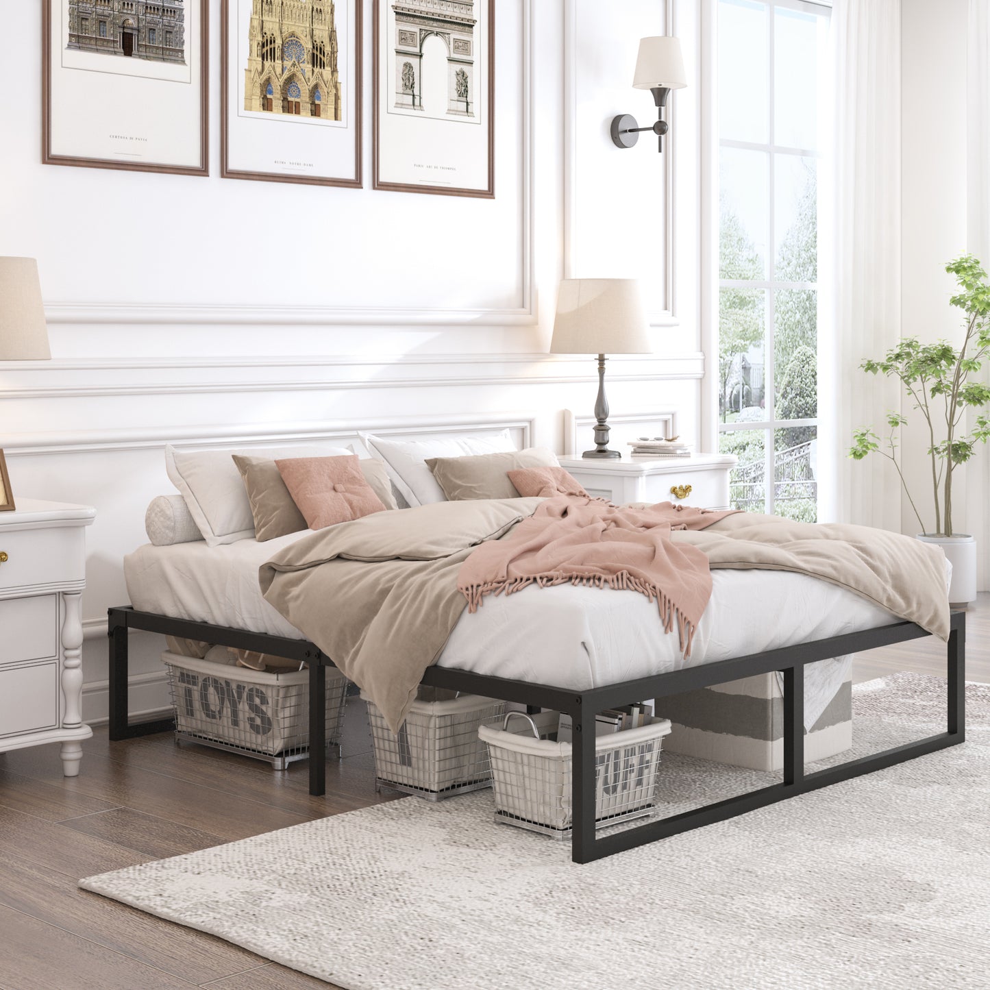 Queen Bed Frame,3500 lbs Heavy Duty Metal Platform, Steel Slats Support/No Box Spring Needed/Noise Free/Non-Slip/Easy Assembly