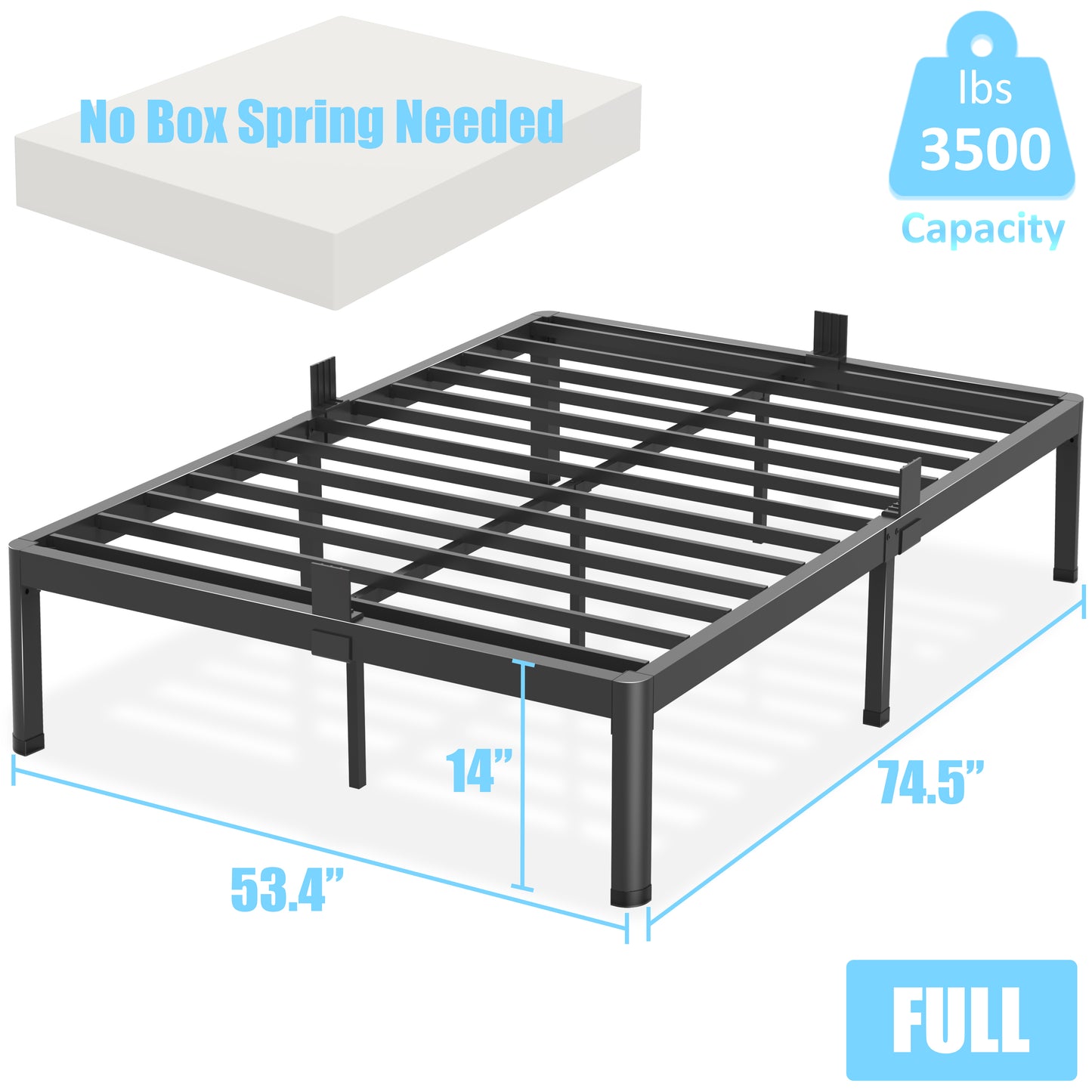 Full Size Bed Frame with Round Corner Edge Legs, 14/18 Inch Heavy Duty Support 3500 lbs Metal Platform Bed Frame Full, No Box Spring Needed/Non-Slip/Steel Slat Support/Noise Free