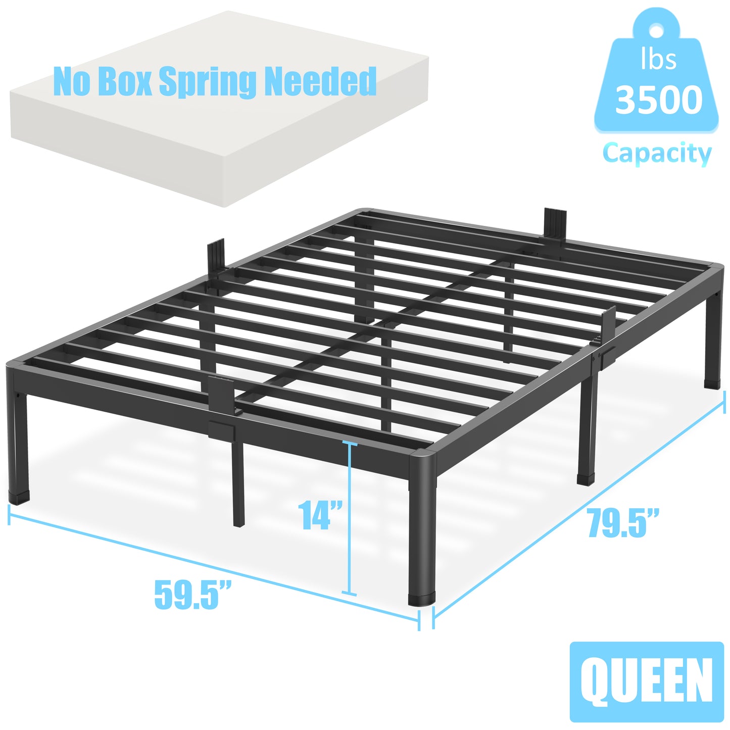 Queen Bed Frame with Round Corner Edge Legs, 14/18 Inch High 3500 lbs Heavy Duty Metal Platform Bed Frame Queen Size, No Box Spring Needed/Non-Slip/Steel Slat Support/Noise Free