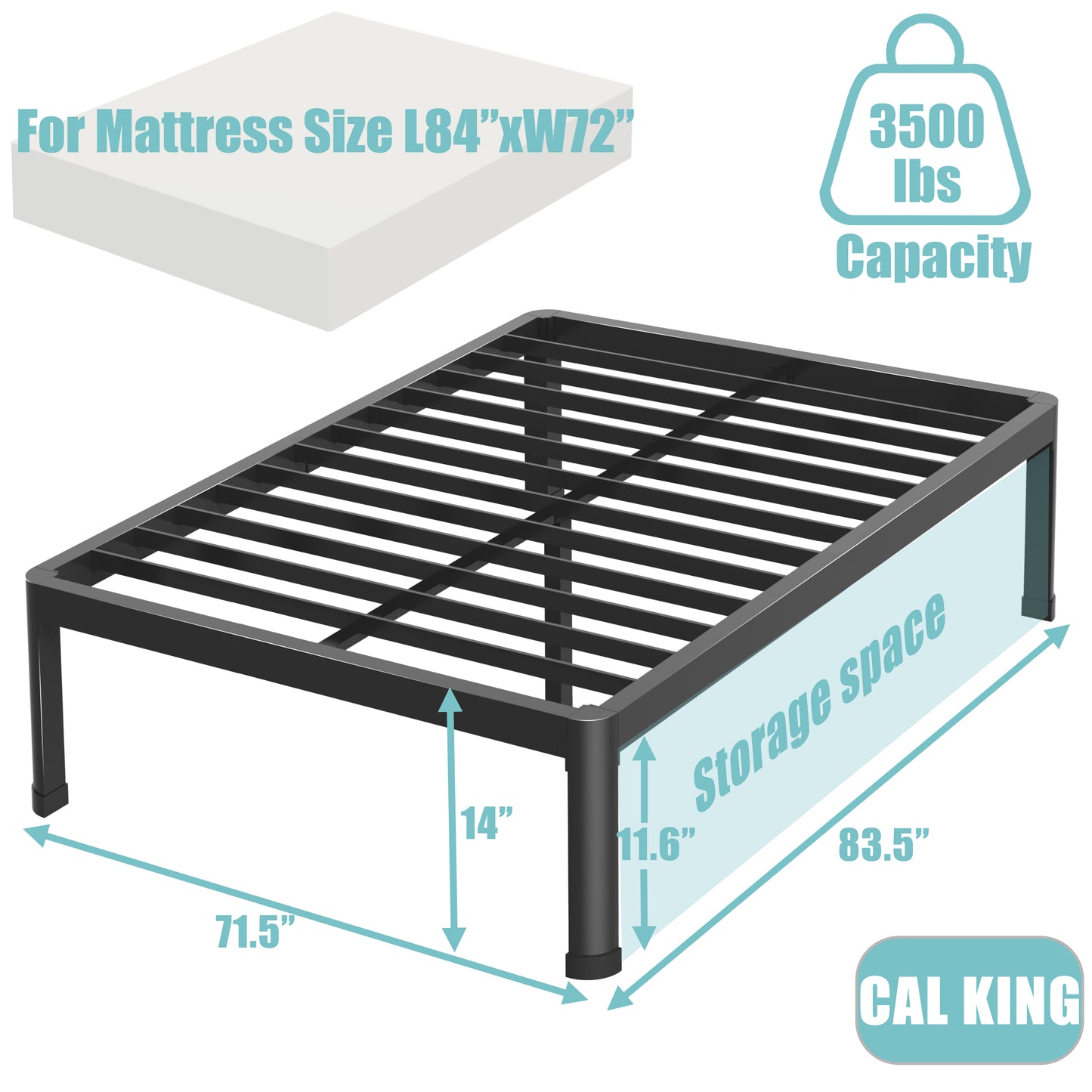 California King Bed Frame with Round Corner Edge Legs, 14/18 Inch Tall 3500 lbs Heavy Duty Metal Platform Bed Frame California King Size, No Box Spring Needed/Noise Free/Non-Slip