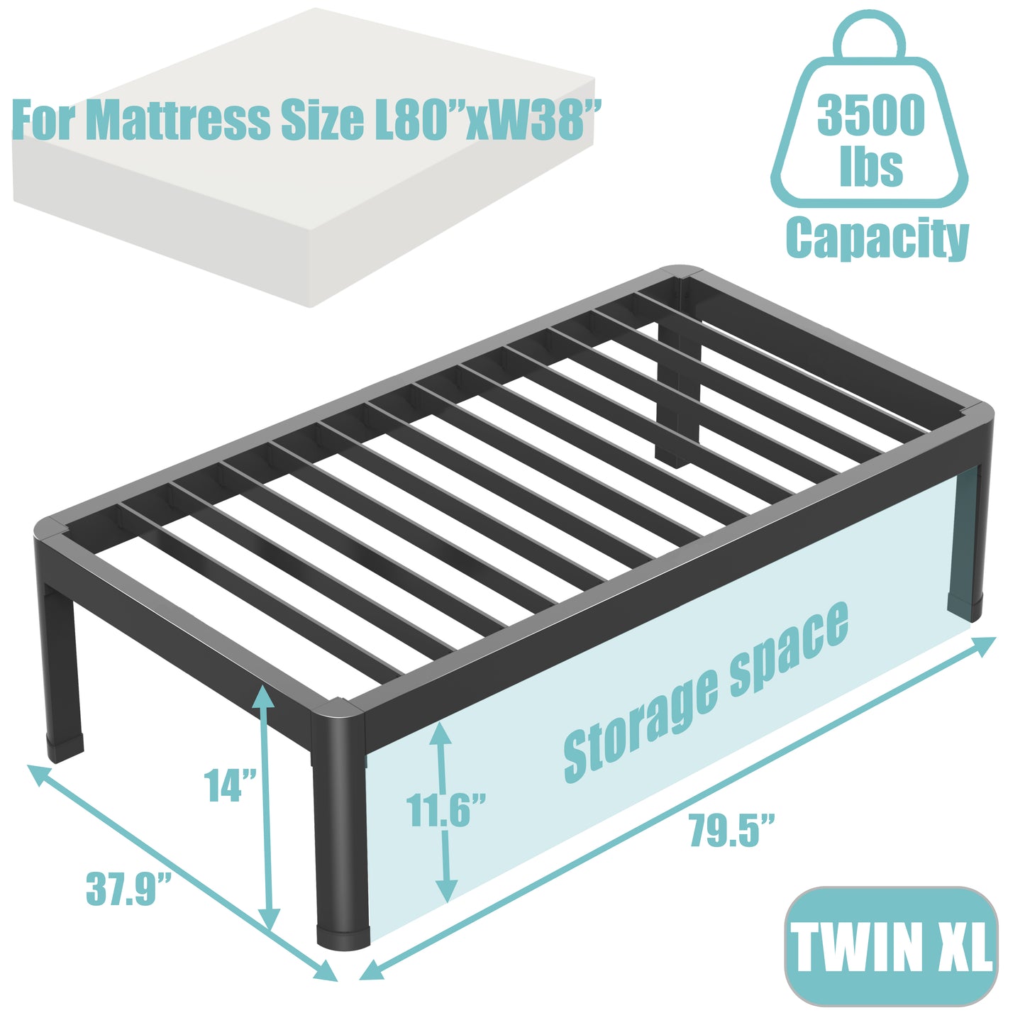 Twin XL Bed Frame with Round Corner Edge Legs, 14/18 Inch Tall 3500 lbs Heavy Duty Metal Platform Bed Frame Twin Size, No Box Spring Needed/Noise Free/Non-Slip/Steel Slat Support