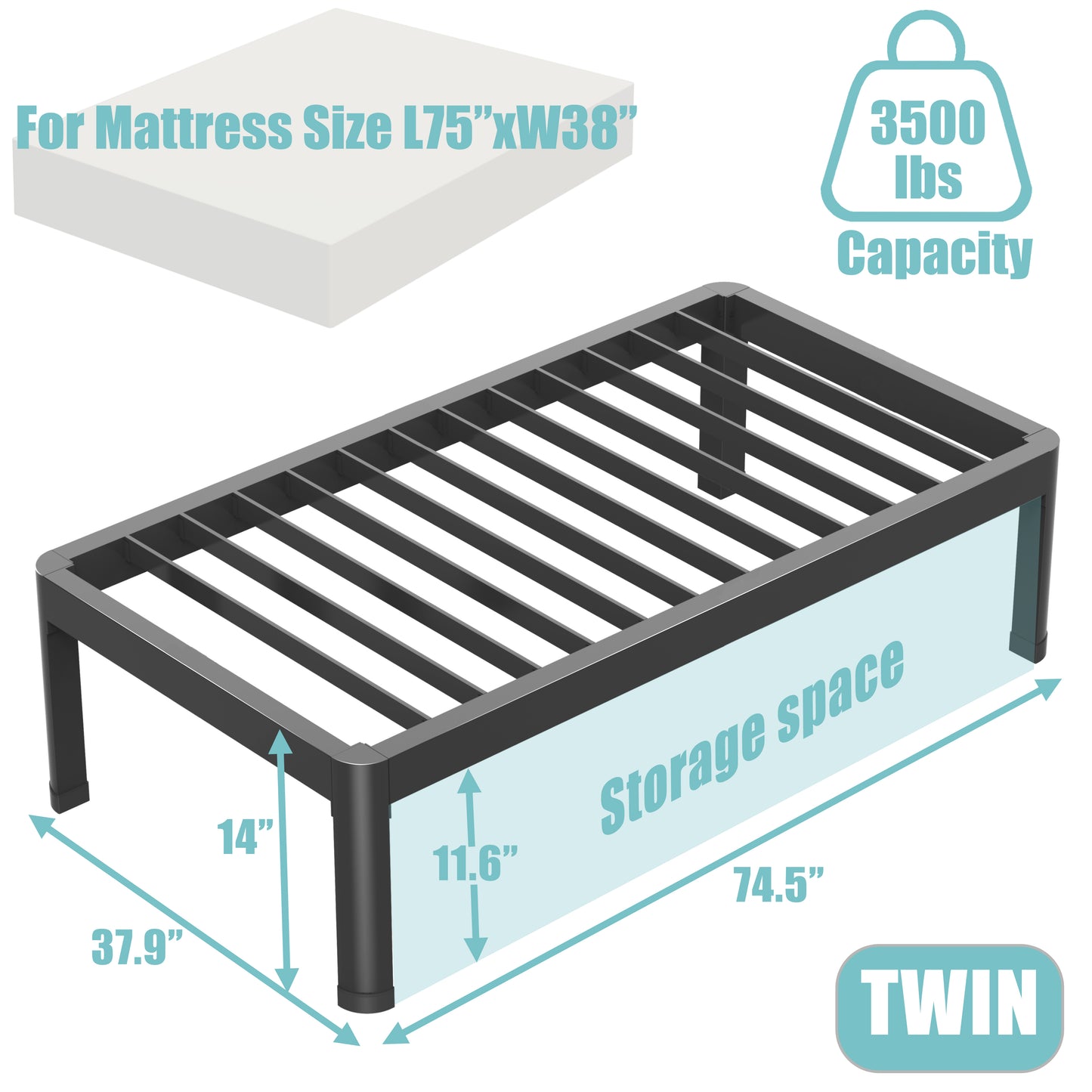 Twin Bed Frame with Round Corner Edge Legs, 14/18 Inch High 3500 lbs Heavy Duty Metal Platform Bed Frame Twin Size, No Box Spring Needed/Noise Free/Non-Slip/Steel Slat Support