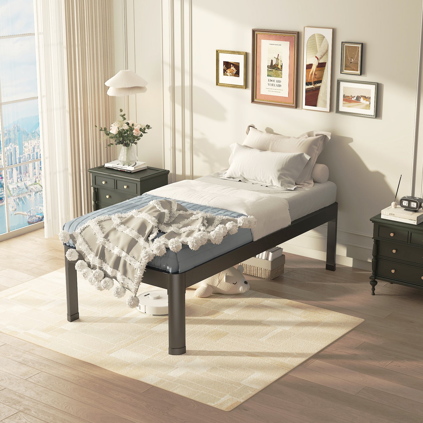 Twin XL Bed Frame with Round Corner Edge Legs, 14/18 Inch Tall 3500 lbs Heavy Duty Metal Platform Bed Frame Twin Size, No Box Spring Needed/Noise Free/Non-Slip/Steel Slat Support