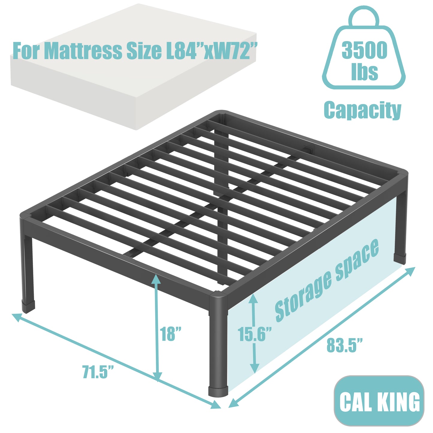 California King Bed Frame with Round Corner Edge Legs, 14/18 Inch Tall 3500 lbs Heavy Duty Metal Platform Bed Frame California King Size, No Box Spring Needed/Noise Free/Non-Slip