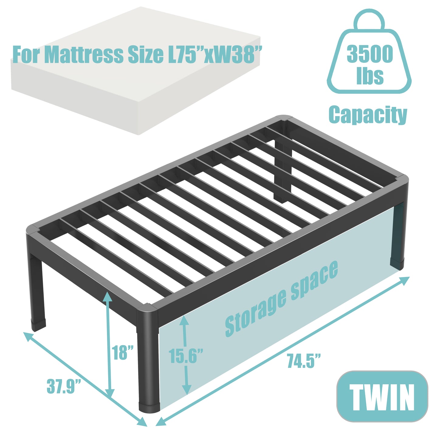 Twin Bed Frame with Round Corner Edge Legs, 14/18 Inch High 3500 lbs Heavy Duty Metal Platform Bed Frame Twin Size, No Box Spring Needed/Noise Free/Non-Slip/Steel Slat Support