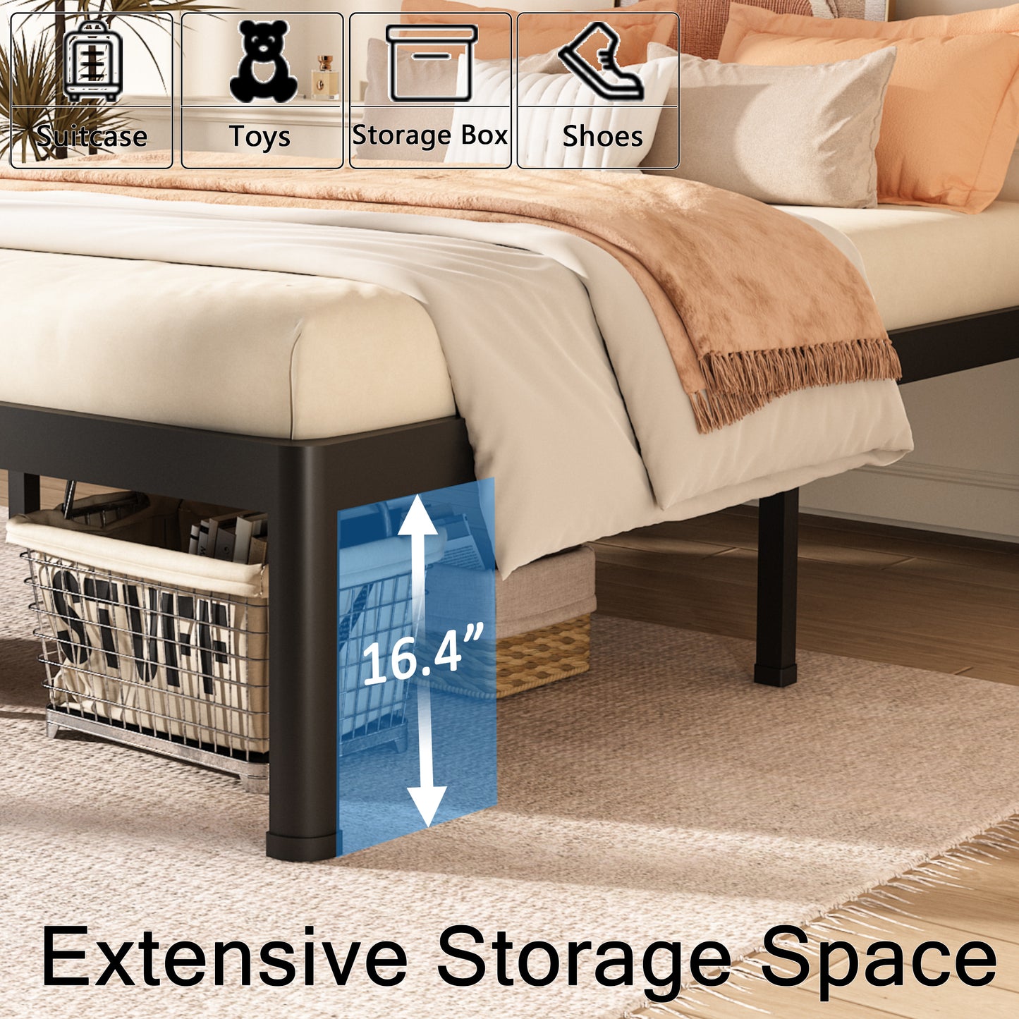 Queen Bed Frame with Round Corner Edge Legs, 14/18 Inch High 3500 lbs Heavy Duty Metal Platform Bed Frame Queen Size, No Box Spring Needed/Non-Slip/Steel Slat Support/Noise Free