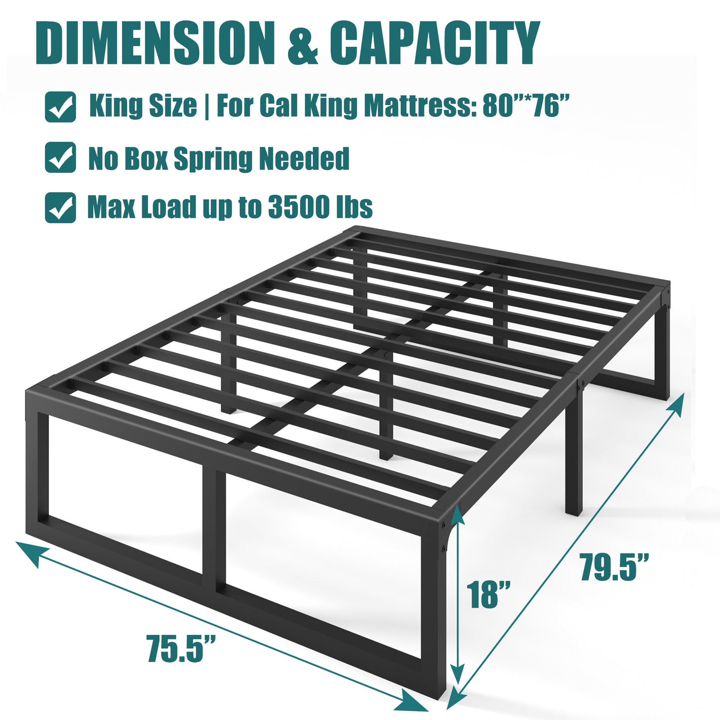King Bed Frame, 14/18 Inch High 3500 lbs Metal Platform, Mattress Foundation with Steel Slat Support/No Box Spring Needed/Noise Free/Non-Slip/Easy Assembly