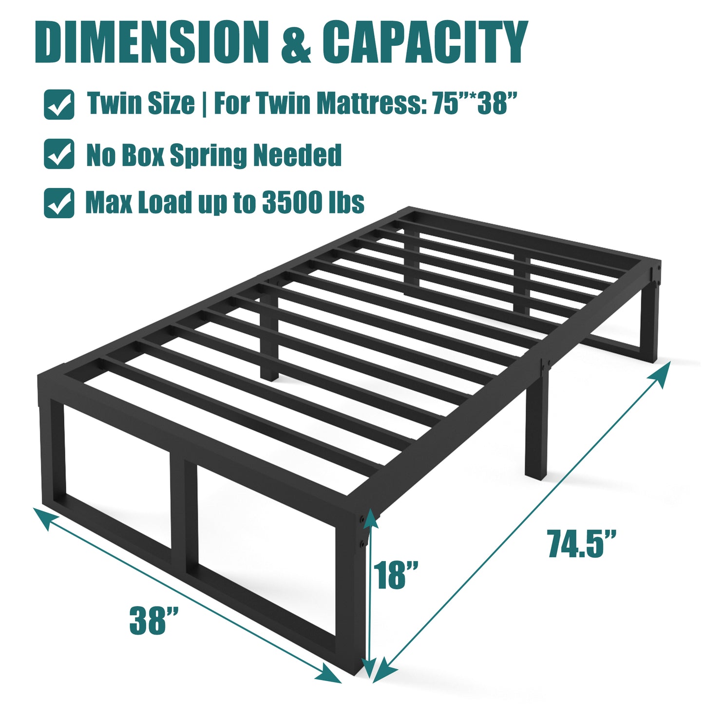 Twin Bed Frames Platform, 14/18 Inch High 3500 lbs Heavy Duty Metal Platform, Mattress Foundation with Steel Slat Support/No Box Spring Needed/Noise Free/Non-Slip/Easy Assembly