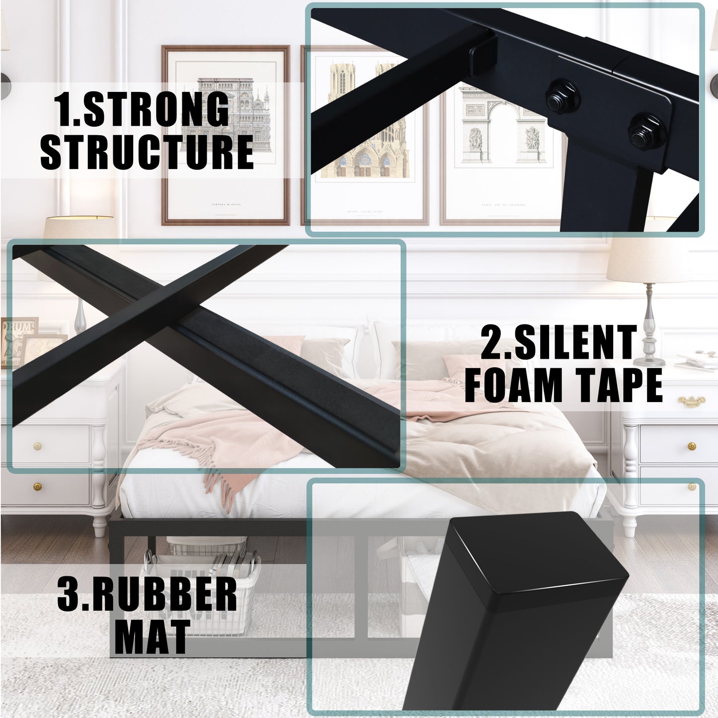 Queen Bed Frame,3500 lbs Heavy Duty Metal Platform, Steel Slats Support/No Box Spring Needed/Noise Free/Non-Slip/Easy Assembly