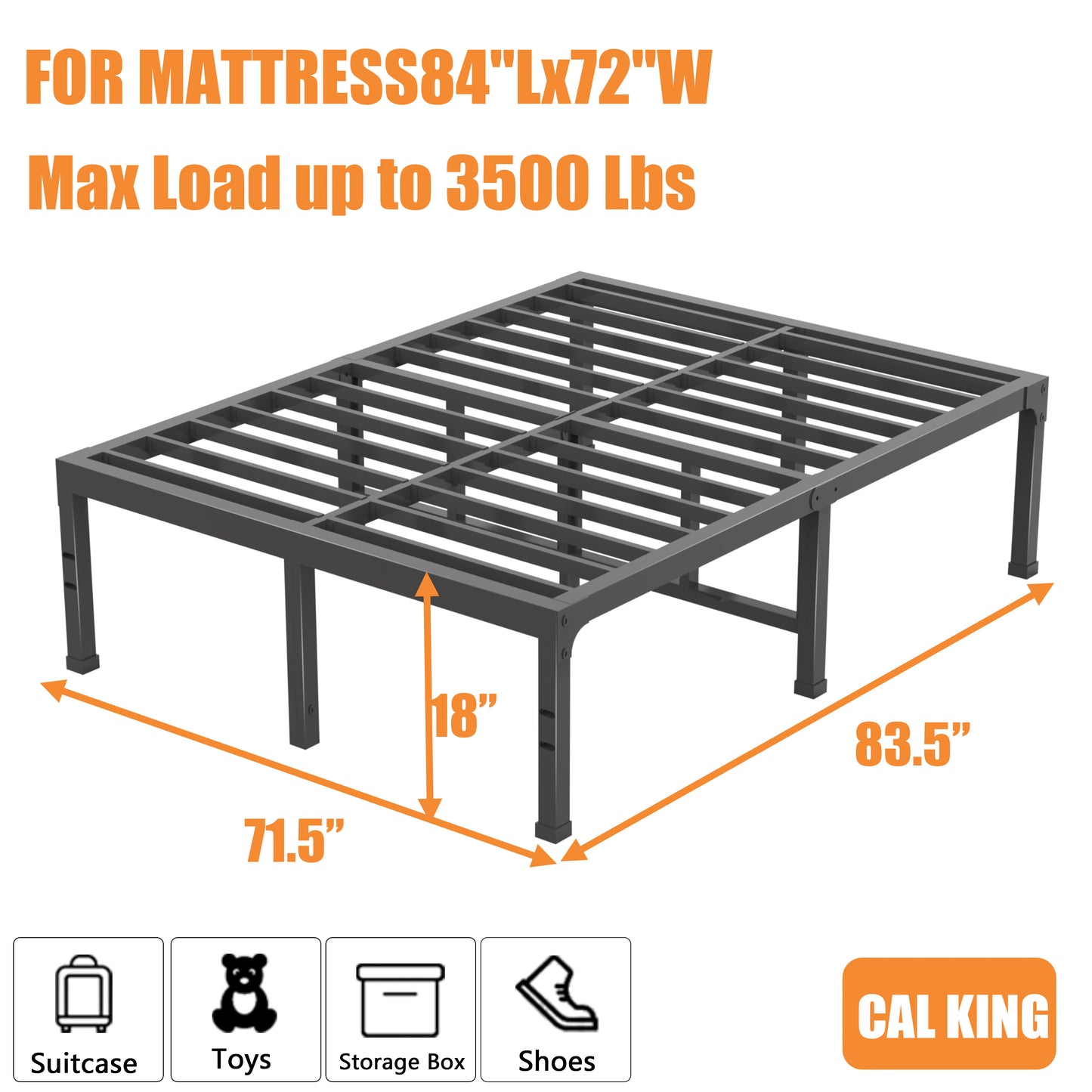 California King Bed Frame 14/18 Inch Tall 3500 lbs Heavy Duty Metal Platform Bed Frame California King Size No Box Spring Needed/Noise Free/Non-Slip