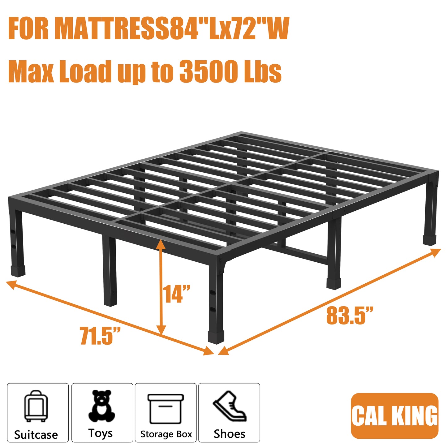 California King Bed Frame 14/18 Inch Tall 3500 lbs Heavy Duty Metal Platform Bed Frame California King Size No Box Spring Needed/Noise Free/Non-Slip
