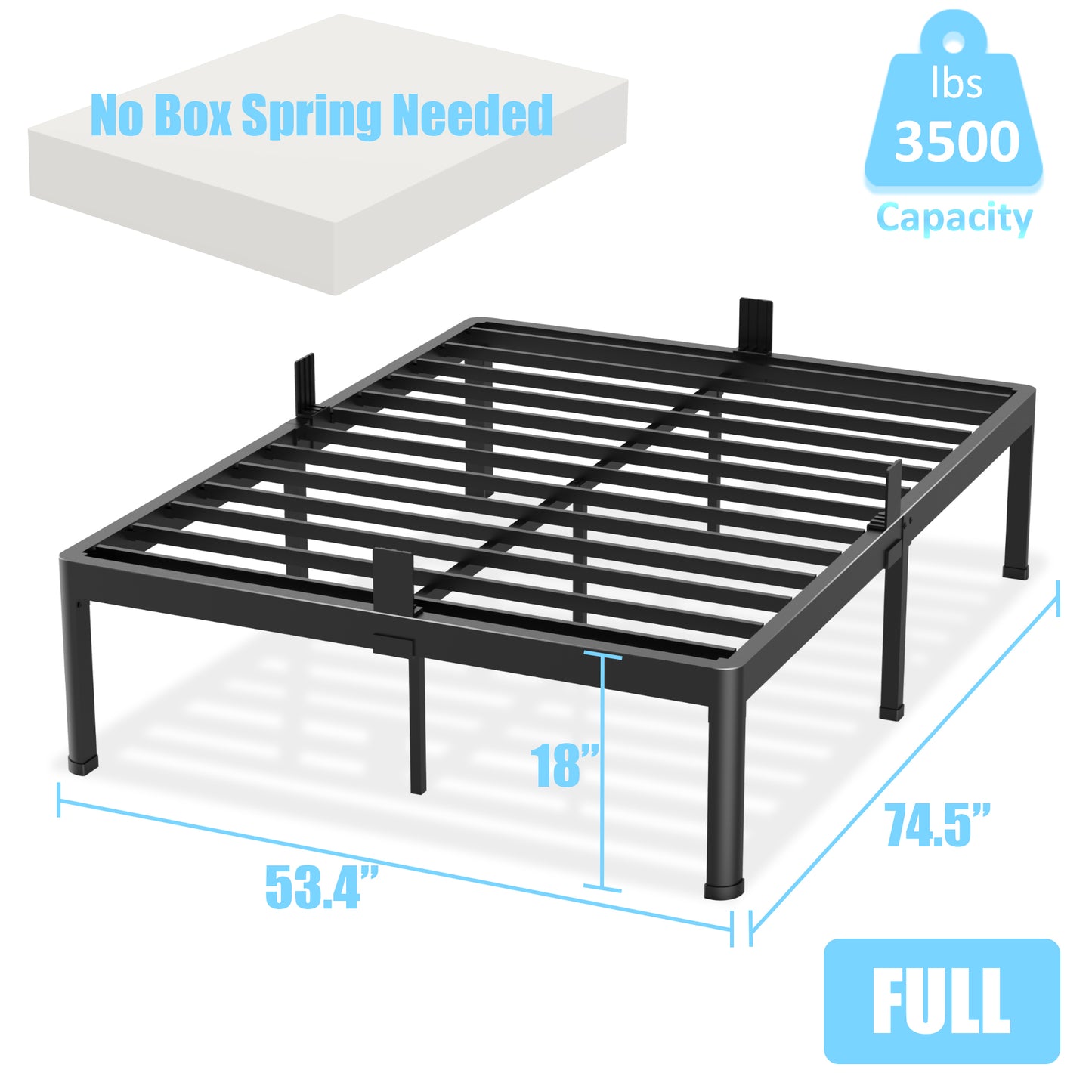 Full Size Bed Frame with Round Corner Edge Legs, 14/18 Inch Heavy Duty Support 3500 lbs Metal Platform Bed Frame Full, No Box Spring Needed/Non-Slip/Steel Slat Support/Noise Free