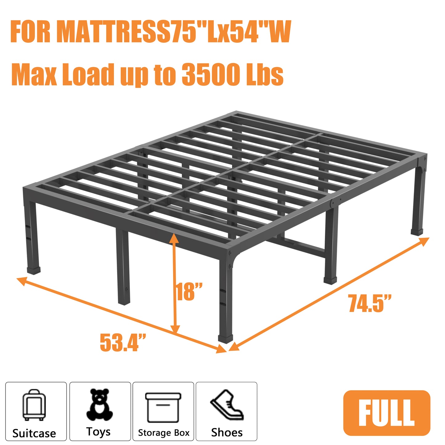 Full Size Bed Frame, 14/18 Inch Heavy Duty Metal Platform Bed Frame Full Support Up to 3500 lbs, No Box Spring Needed/No Shaking/Steel Slat Support/Noise Free/Easy Assembly