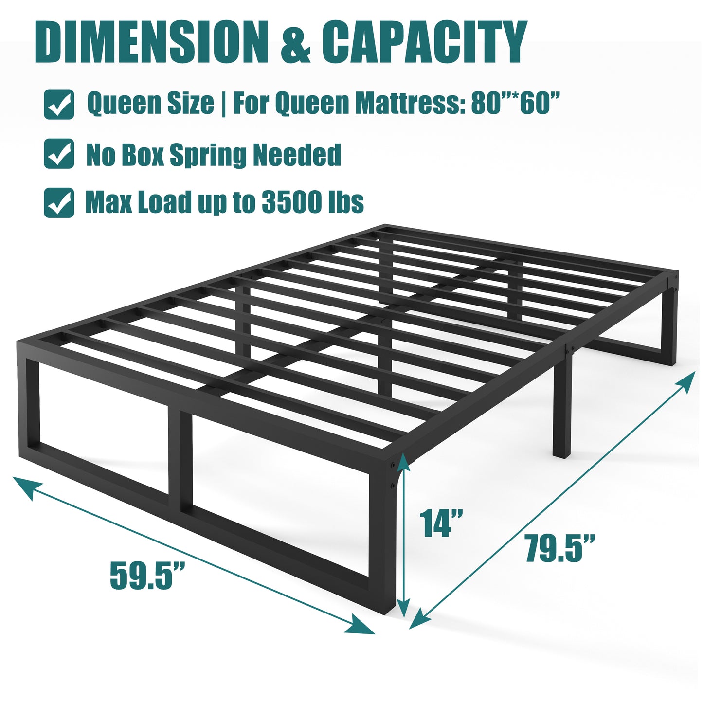 Queen Bed Frame,3500 lbs Heavy Duty Metal Platform, Steel Slats Support/No Box Spring Needed/Noise Free/Non-Slip/Easy Assembly