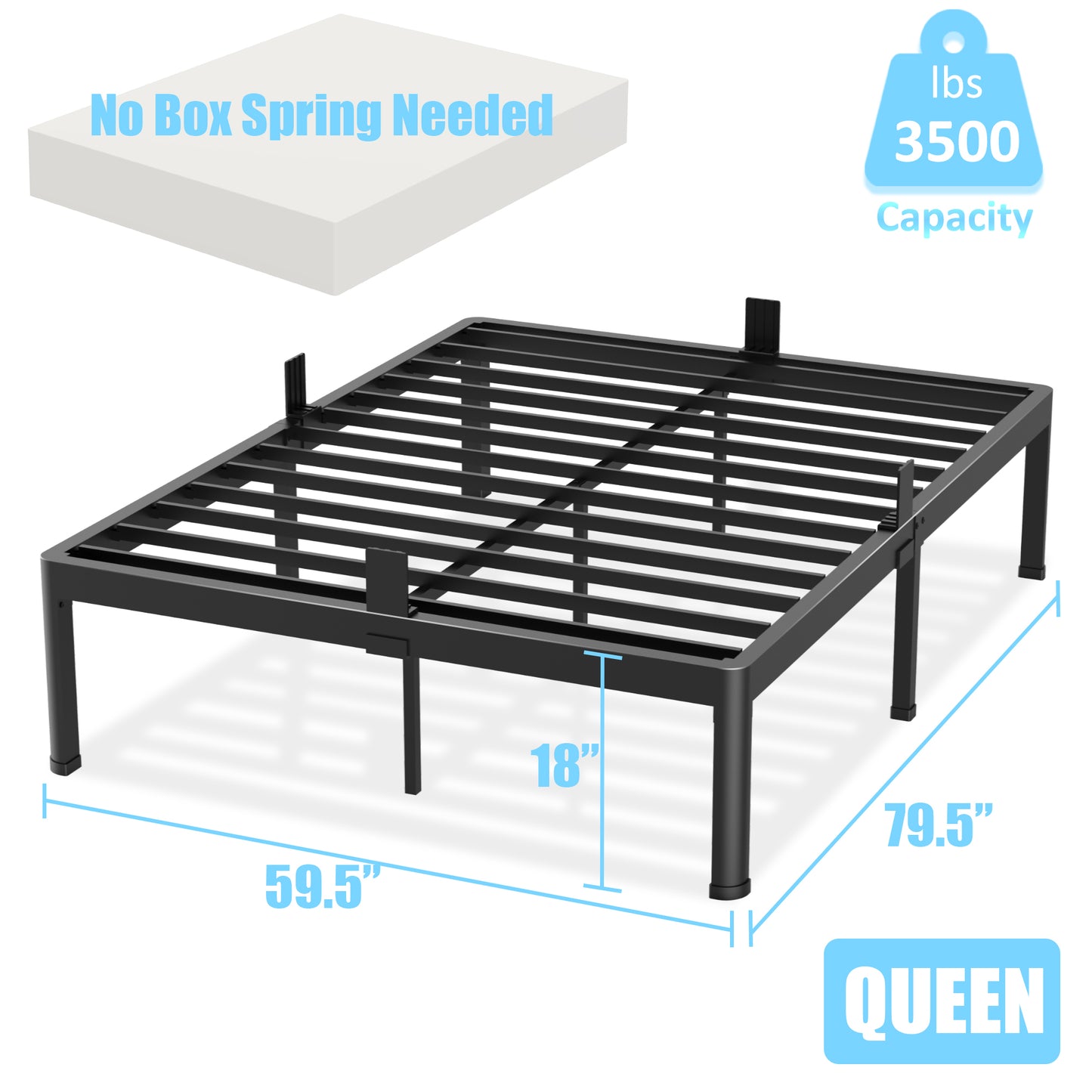 Queen Bed Frame with Round Corner Edge Legs, 14/18 Inch High 3500 lbs Heavy Duty Metal Platform Bed Frame Queen Size, No Box Spring Needed/Non-Slip/Steel Slat Support/Noise Free