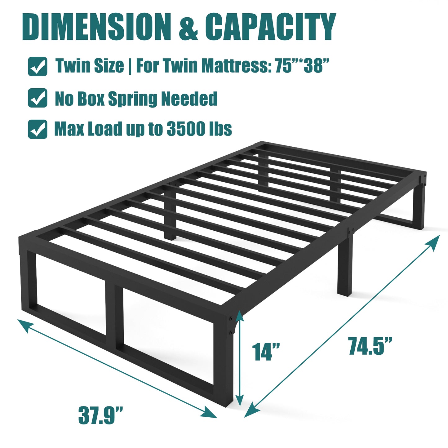 Twin Bed Frames Platform, 14/18 Inch High 3500 lbs Heavy Duty Metal Platform, Mattress Foundation with Steel Slat Support/No Box Spring Needed/Noise Free/Non-Slip/Easy Assembly