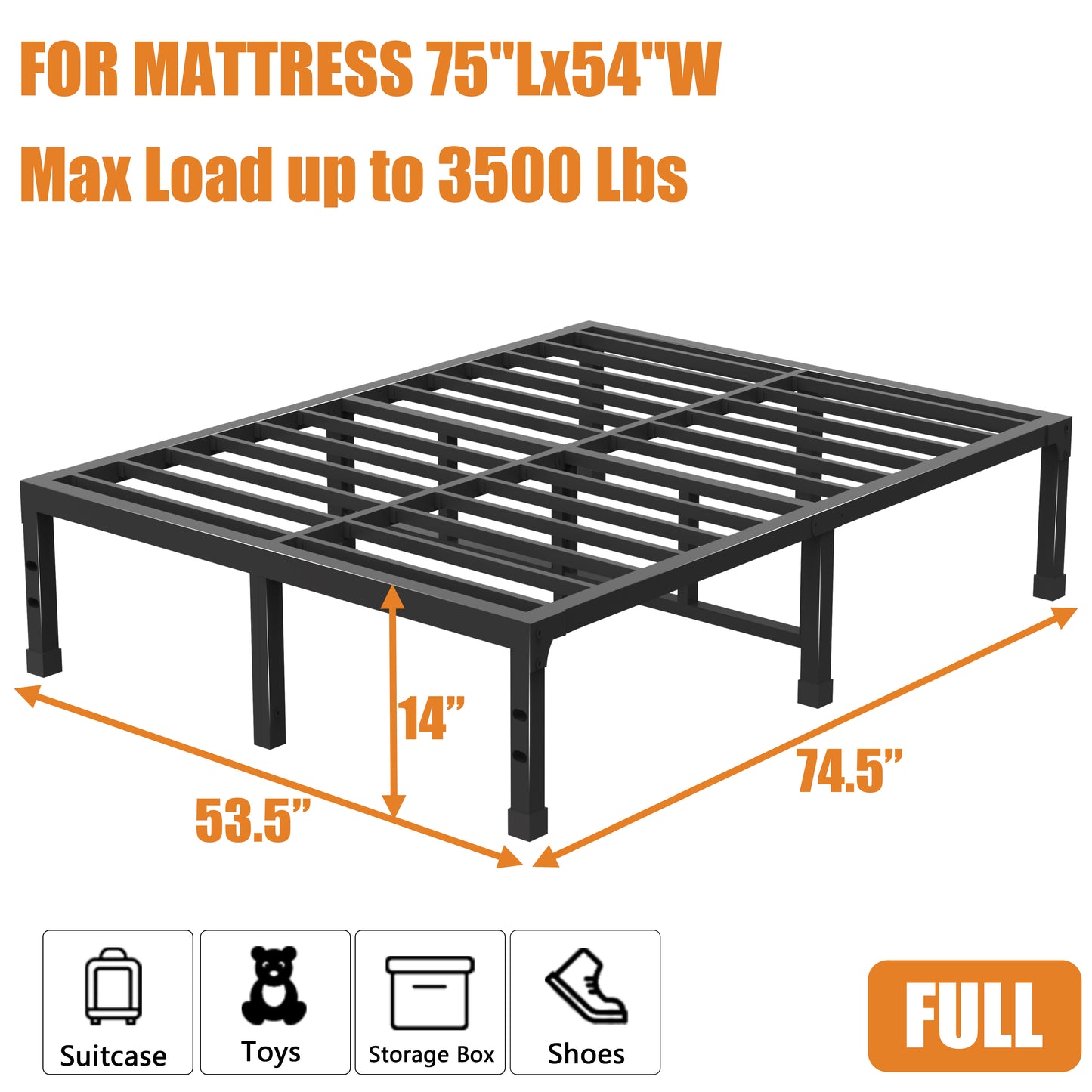Full Size Bed Frame, 14/18 Inch Heavy Duty Metal Platform Bed Frame Full Support Up to 3500 lbs, No Box Spring Needed/No Shaking/Steel Slat Support/Noise Free/Easy Assembly