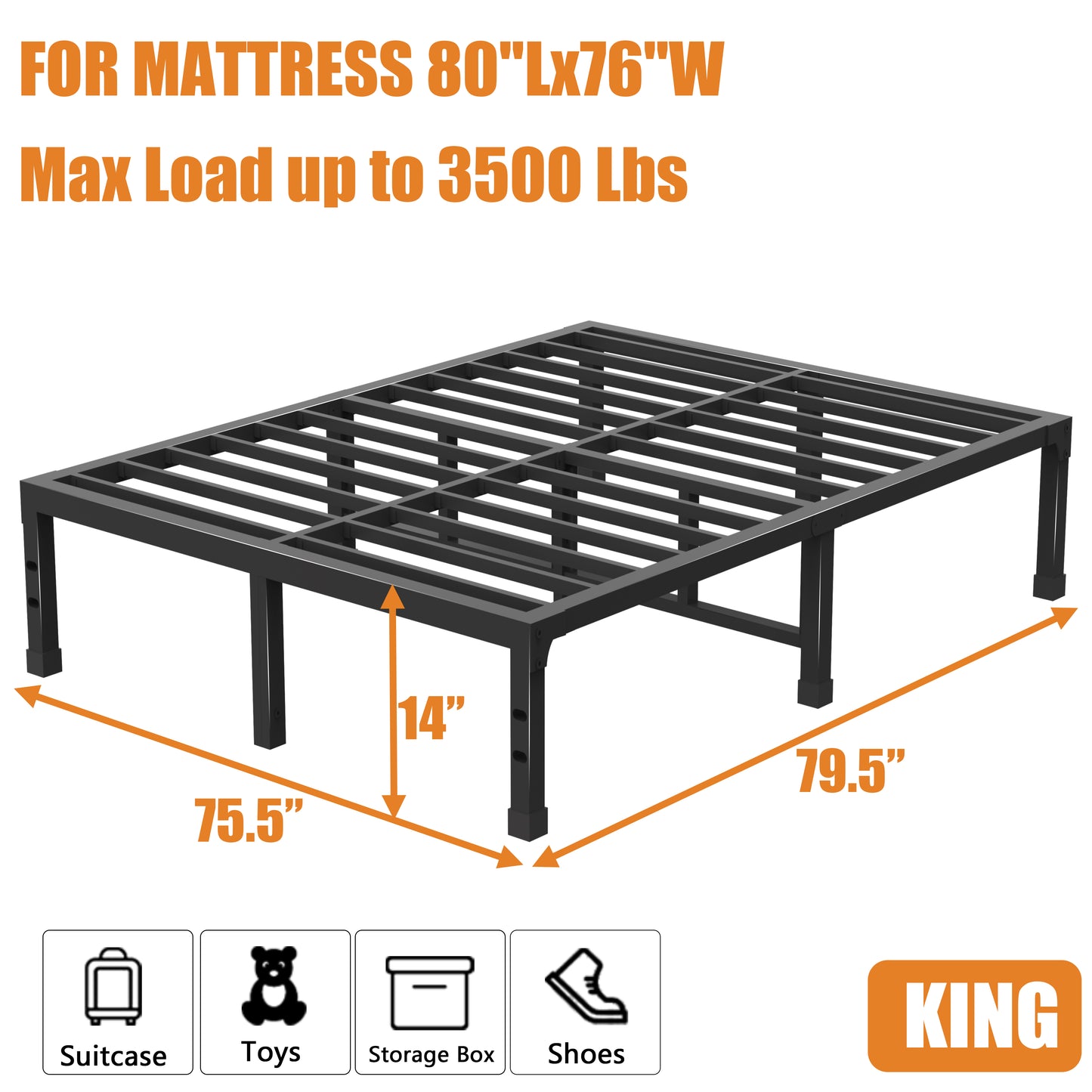 King Bed Frame, 14/18 Inch Heavy Duty Metal Platform Bed Frame King Size Support Up to 3500 lbs, No Box Spring Needed/No Shaking/Steel Slat Support/Noise Free/Easy Assembly