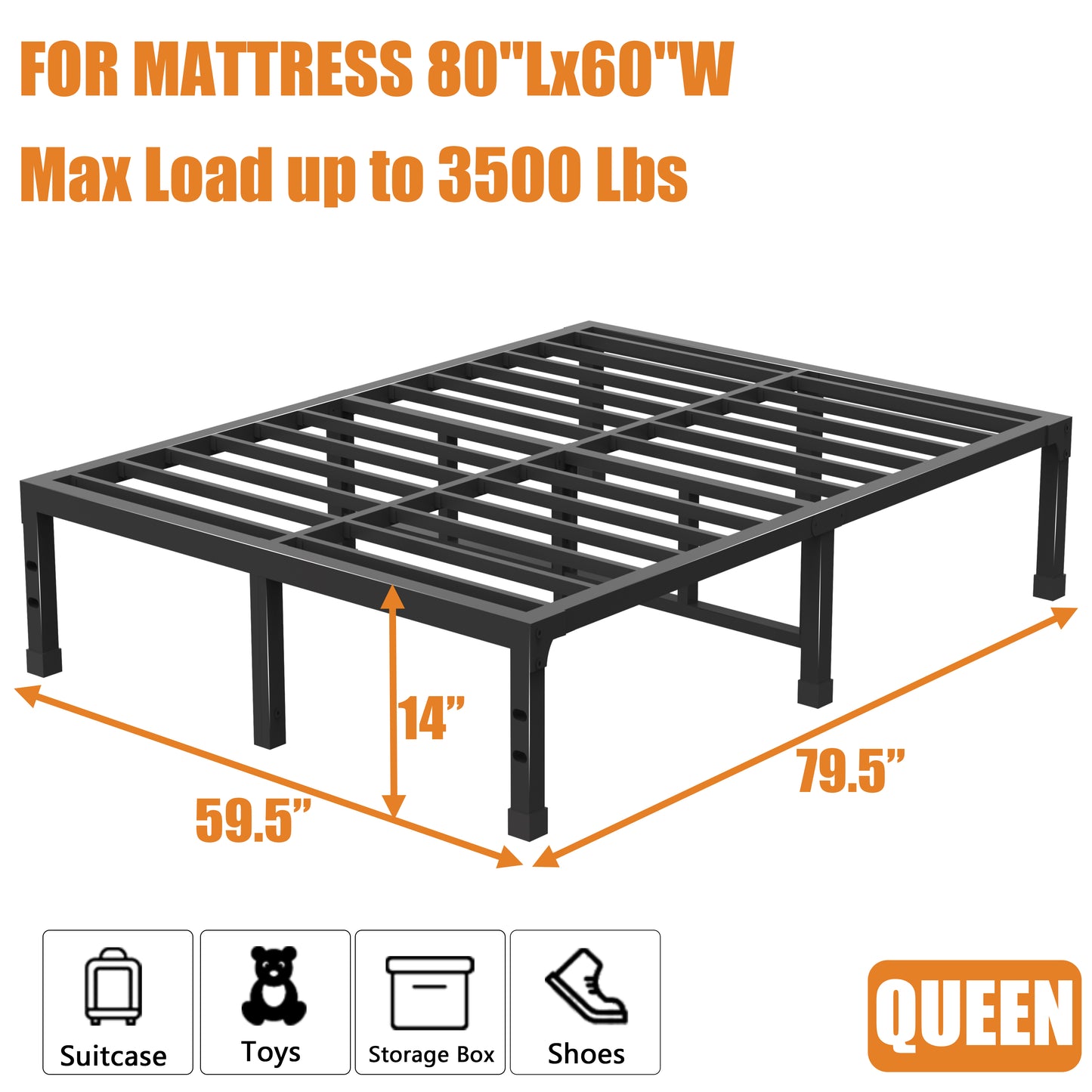 Queen Bed Frame, 14/18 Inch Heavy Duty Metal Platform Bed Frame Queen Size Support Up to 3500 lbs, No Box Spring Needed/No Shaking/Steel Slat Support/Noise Free/Easy Assembly