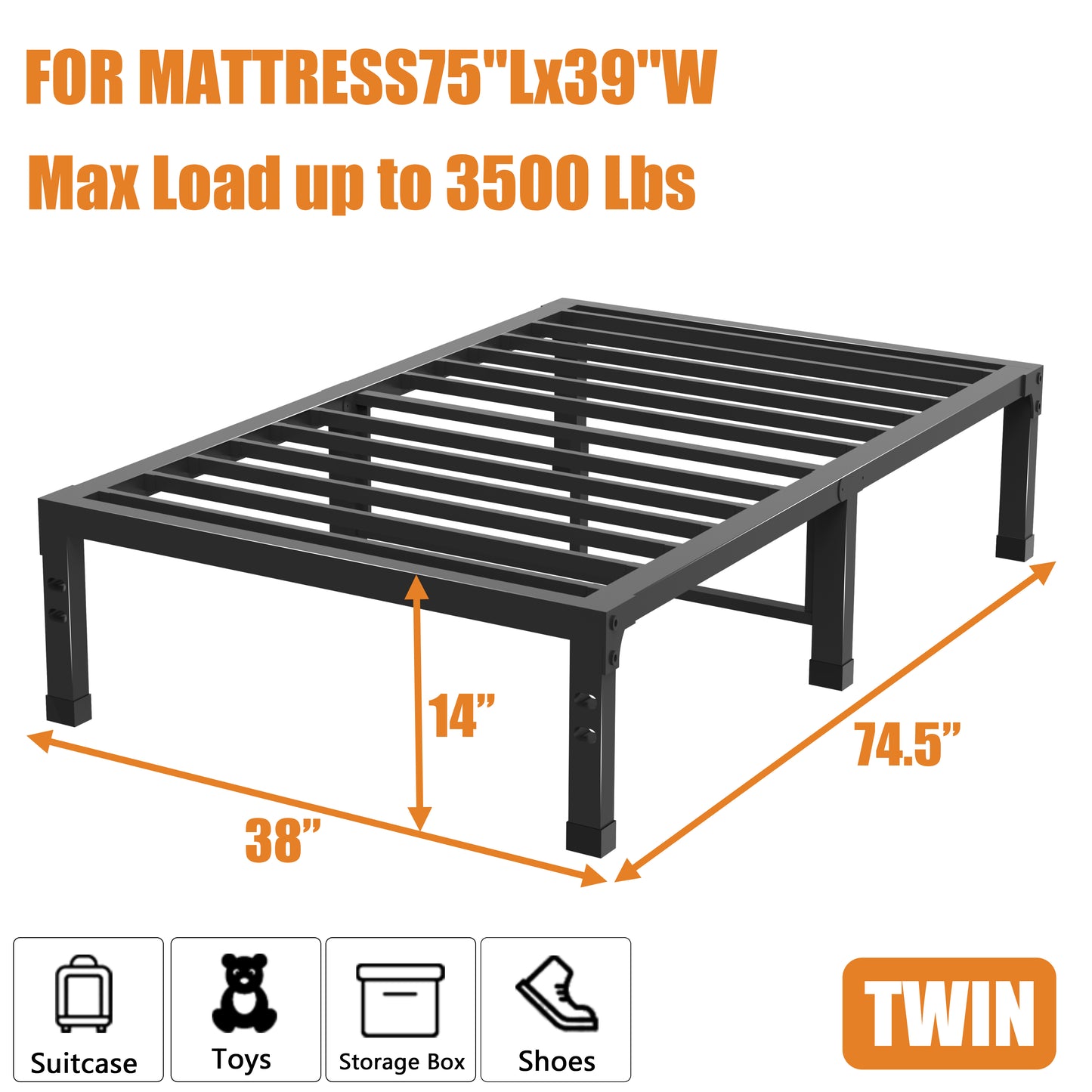 Twin Bed Frames, 14/18 Inch Heavy Duty Metal Platform Bed Frame Twin Size Support Up to 3500 lbs, No Box Spring Needed/No shaking/Steel Slat Support/Noise Free/Easy Assembly