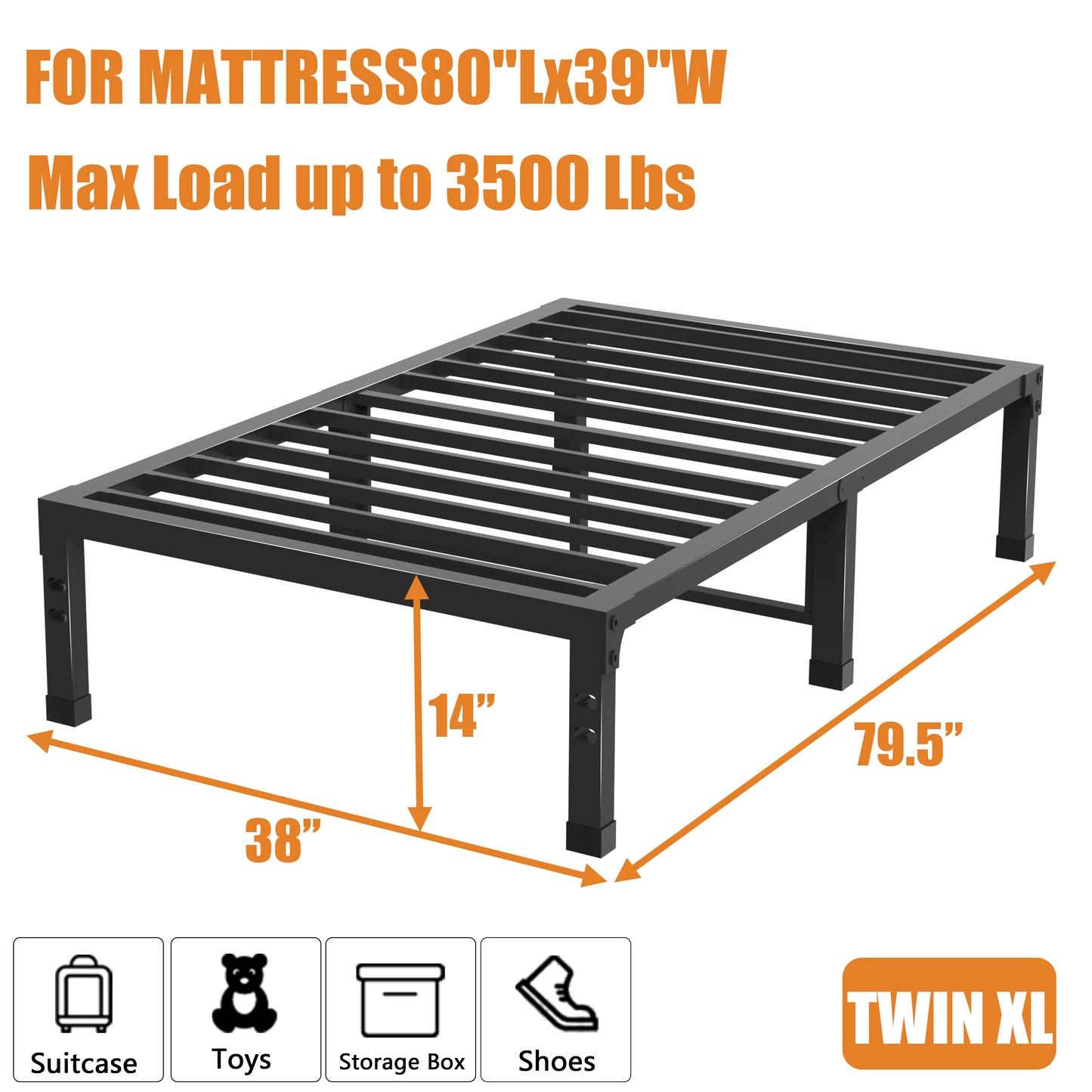 Twin XL Bed Frames 14/18 Inch Heavy Duty Metal Platform Bed Frame Twin Size Support Up to 3500 lbs, No Box Spring Needed/No shaking/Steel Slat Support/Noise Free/Easy Assembly