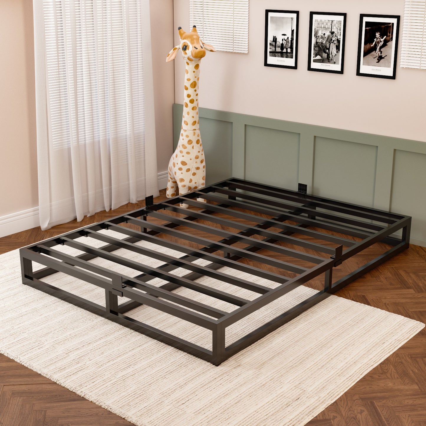 King Bed Frame with Steel Slat Support, Low Profile King Metal Platform Bed Frame Support Mattress Foundation, No Box Spring Needed/Easy Assembly/Noise Free