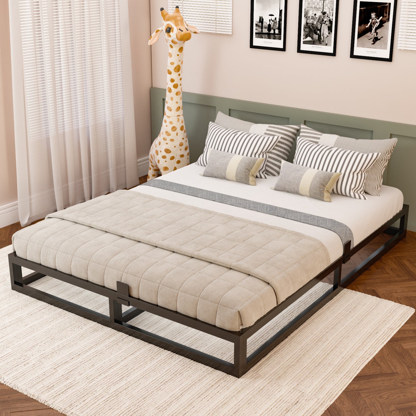 King Bed Frame with Steel Slat Support, Low Profile King Metal Platform Bed Frame Support Mattress Foundation, No Box Spring Needed/Easy Assembly/Noise Free