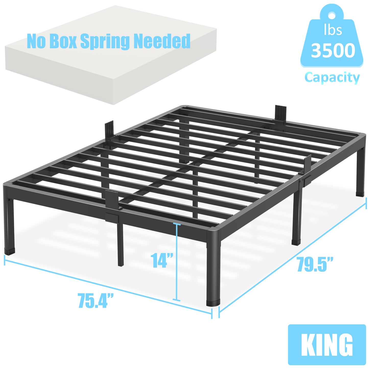 King Bed Frame with Round Corner Edge Legs, 14/18 Inch High 3500 lbs Heavy Duty Metal Platform Bed Frame King Size, No Box Spring Needed/Noise Free/Steel Slat Support/Non-Slip, Black