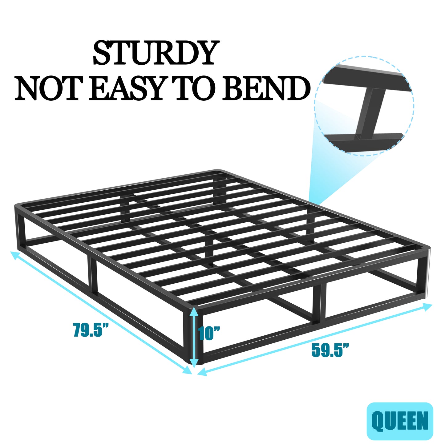 6/10 Inch Queen Size Bed Frame with Round Corner Edge，Low Profile Iron Queen Metal Platform Bed Frame with Steel Slats 3500 LBS Heavy Duty Support，Black Queen Bedframe，No Box Spring Needed