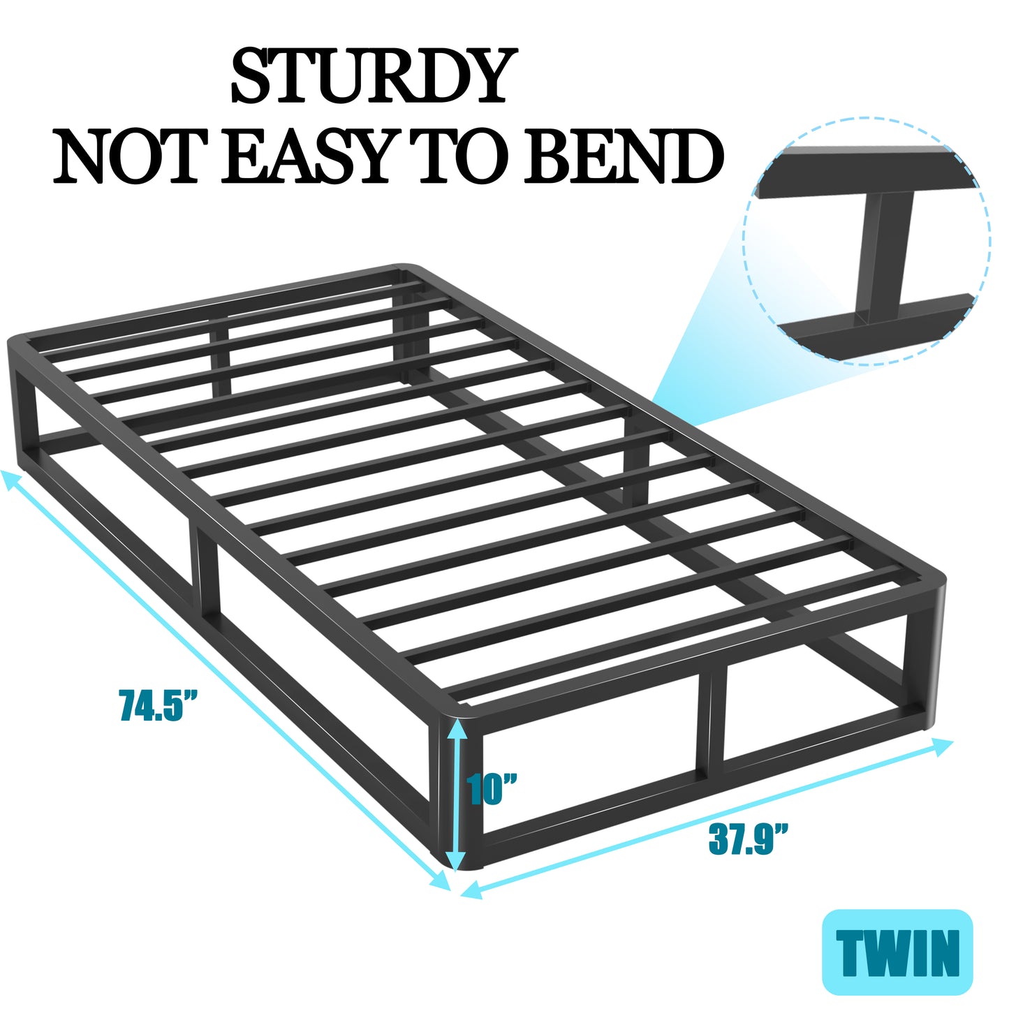 6/10 Inch Twin Size Bed Frames with Round Corner Edge，Low Profile Iron Twin Metal Platform Bed Frames with Steel Slats 3500 LBS Heavy Duty Support，Black Twin Bedframe，No Box Spring Needed