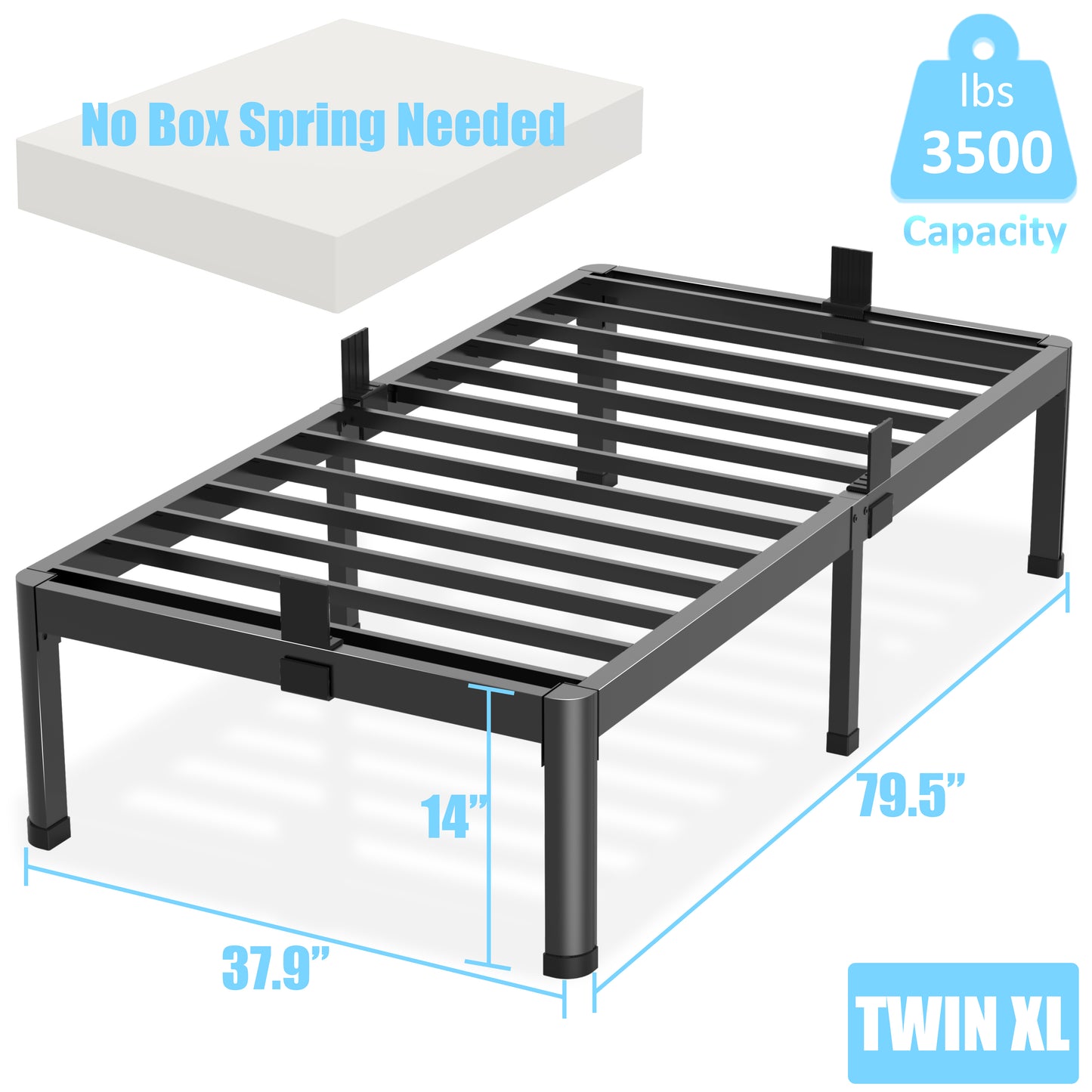 Twin XL Bed Frames with Round Corner Edge Legs 14/18 inch High 3500 lbs Heavy Duty Metal Platform Bed Frame Twin Size No Box Spring Needed/Non-Slip/Steel Slat Support/Noise Free