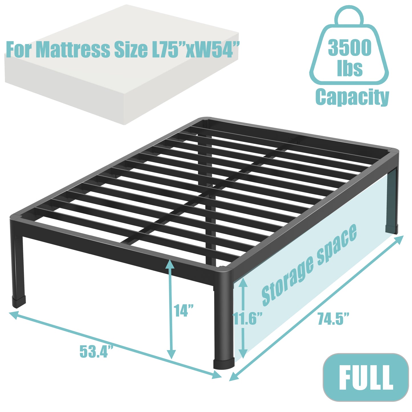 Full Bed Frame with Round Corner Edge Legs, 14/18 Inch Heavy Duty Support 3500 lbs Metal Platform Bed Frame Full Size, No Box Spring Needed/Noise Free/Non-Slip/Steel Slat Support