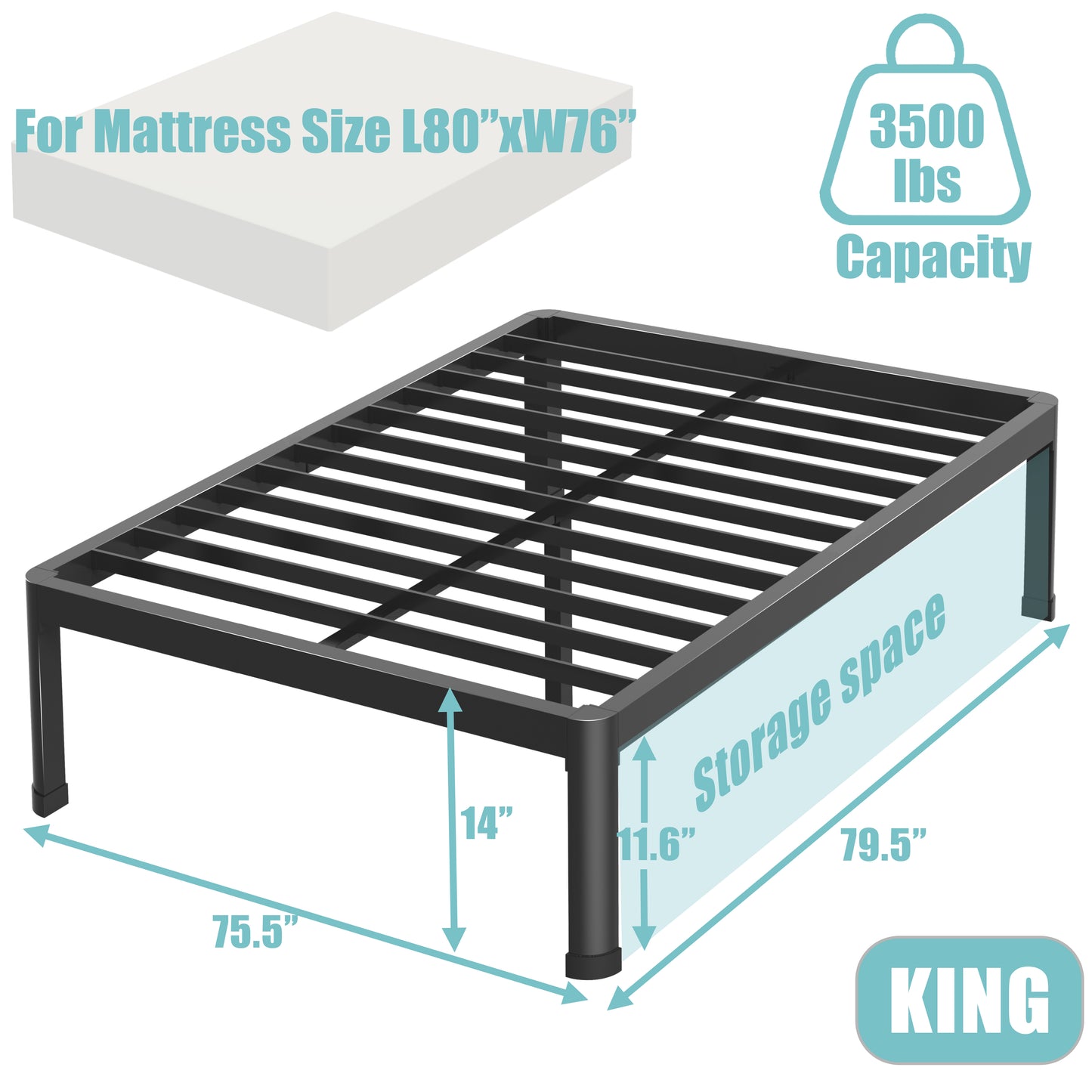 King Bed Frame with Round Corner Edge Legs, 14/18 Inch High 3500 lbs Metal Platform Bed Frame King Size, No Box Spring Needed/Noise Free/Heavy Duty Steel Slat Support/Non-Slip