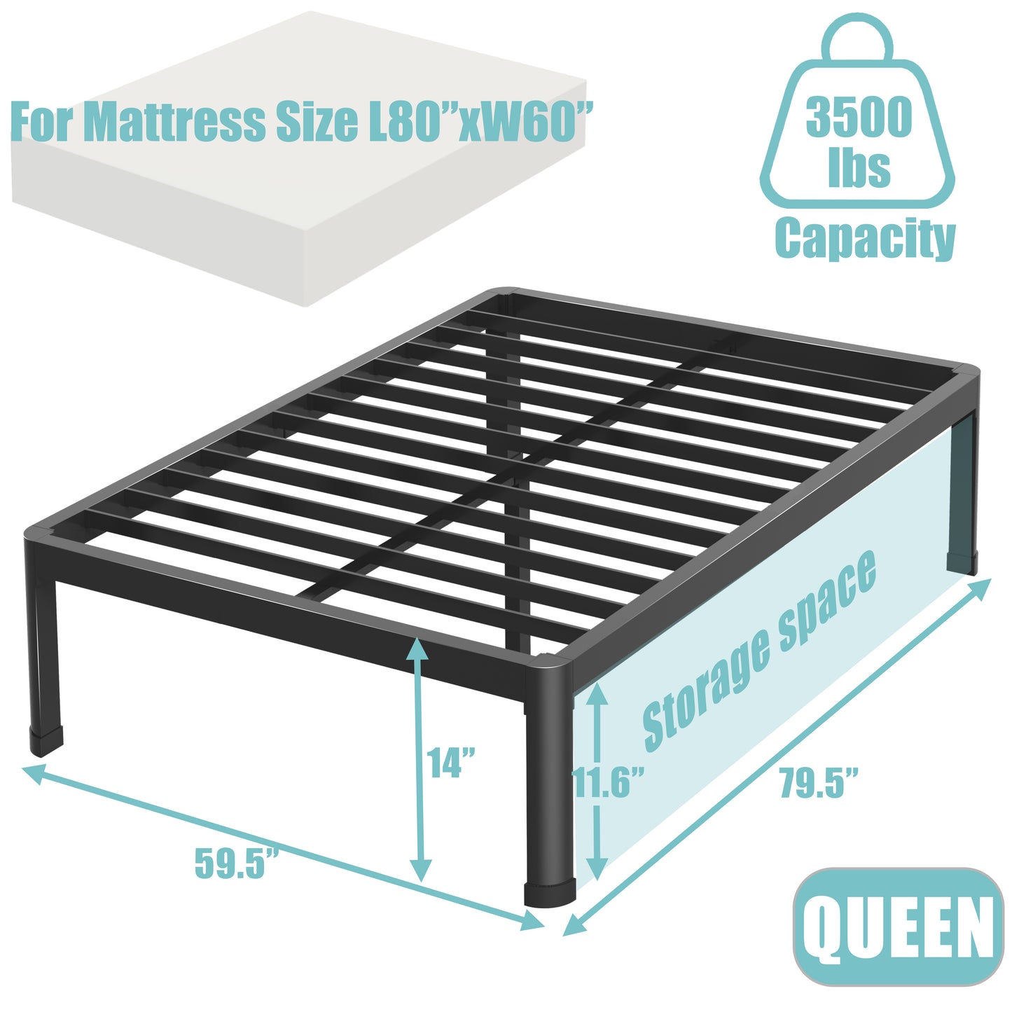 Queen Bed Frame with Round Corner Edge Legs, 3500 lbs Heavy Duty Metal Platform Bed Frame Queen Size, 14/18 Inch Steel Slats Support/No Box Spring Needed/Noise Free/Non-Slip