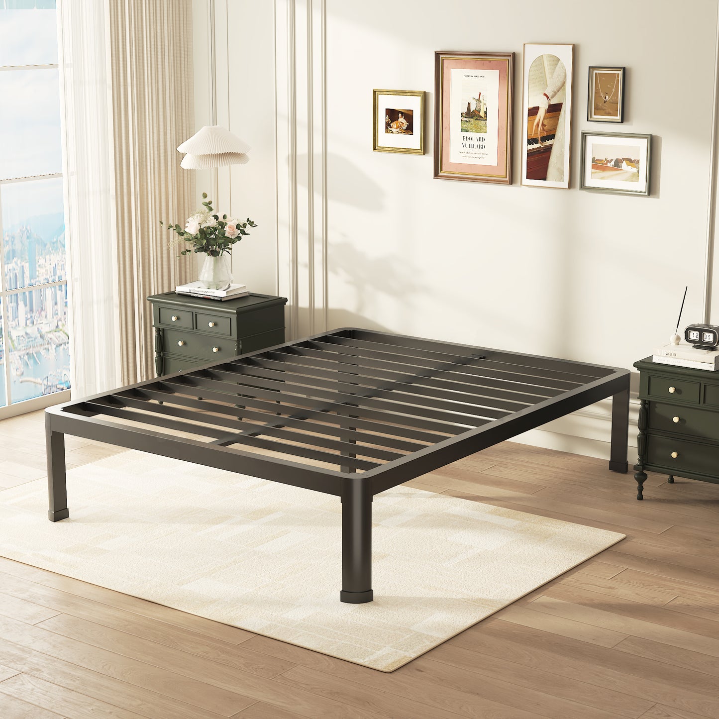 Full Bed Frame with Round Corner Edge Legs, 14/18 Inch Heavy Duty Support 3500 lbs Metal Platform Bed Frame Full Size, No Box Spring Needed/Noise Free/Non-Slip/Steel Slat Support