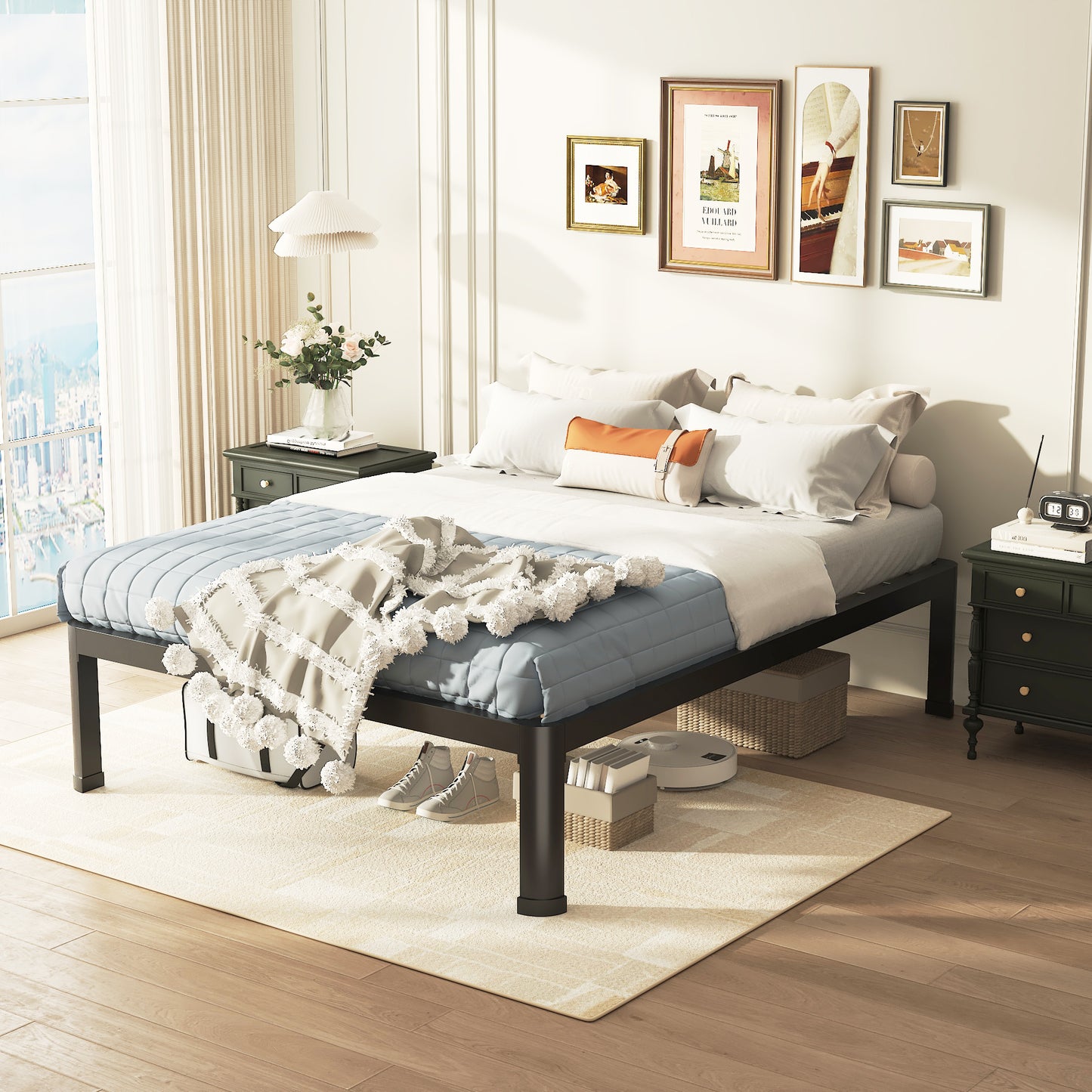 Full Bed Frame with Round Corner Edge Legs, 14/18 Inch Heavy Duty Support 3500 lbs Metal Platform Bed Frame Full Size, No Box Spring Needed/Noise Free/Non-Slip/Steel Slat Support