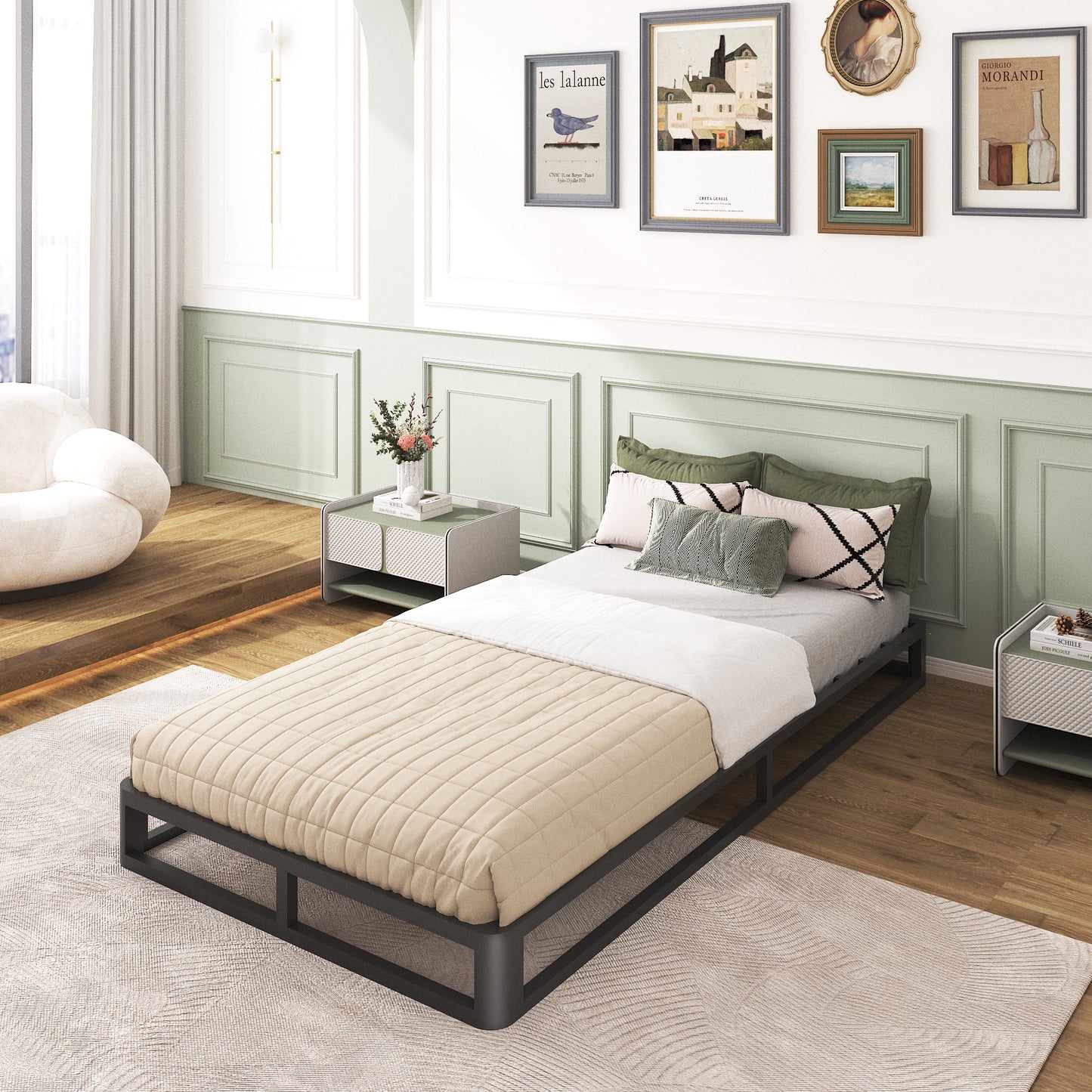 6/10 Inch Twin Size Bed Frames with Round Corner Edge，Low Profile Iron Twin Metal Platform Bed Frames with Steel Slats 3500 LBS Heavy Duty Support，Black Twin Bedframe，No Box Spring Needed