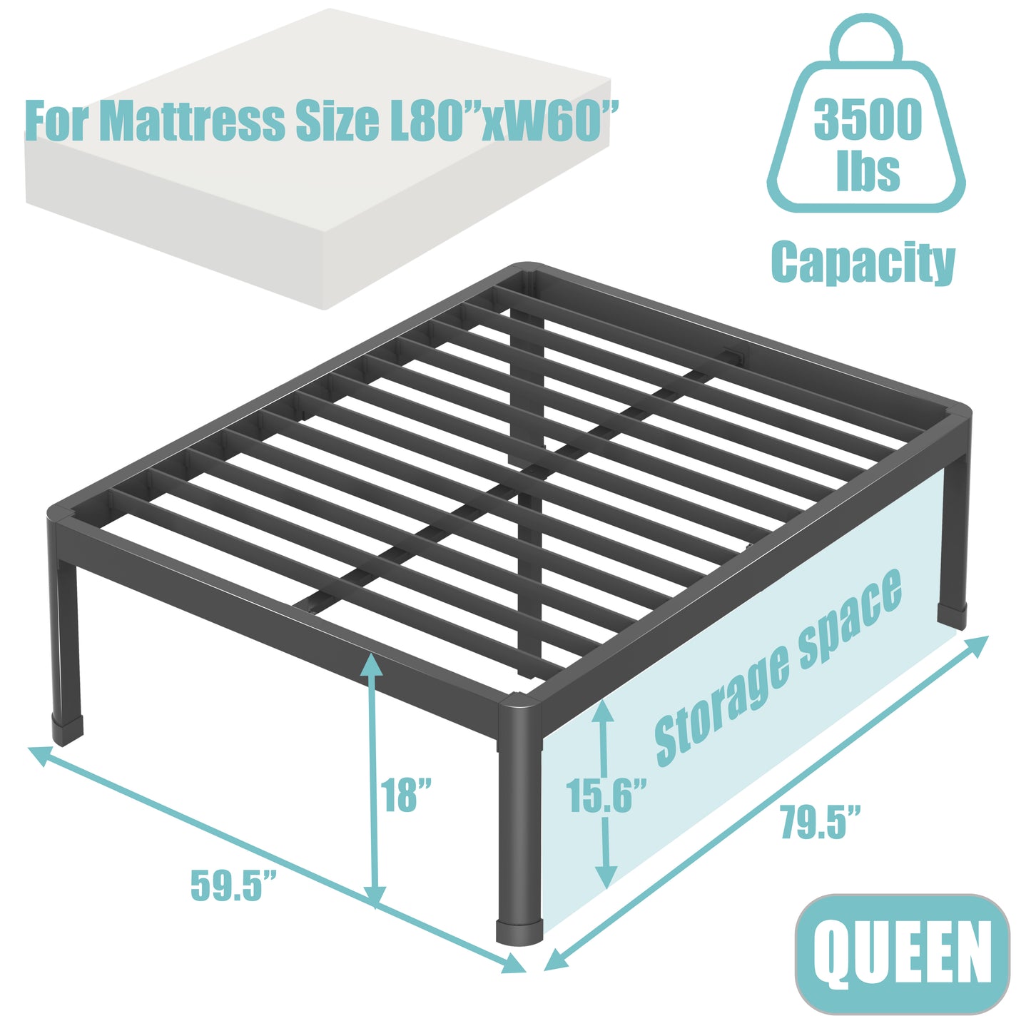 Queen Bed Frame with Round Corner Edge Legs, 3500 lbs Heavy Duty Metal Platform Bed Frame Queen Size, 14/18 Inch Steel Slats Support/No Box Spring Needed/Noise Free/Non-Slip