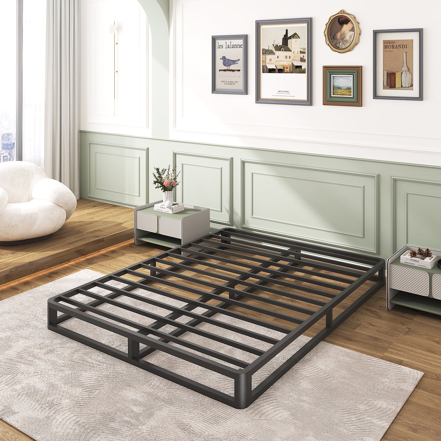 6/10 Inch Full Size Bed Frame with Round Corner Edge，Low Profile Iron Full Metal Platform Bed Frame with Steel Slats 3500 LBS Heavy Duty Support，Black Full Bedframe，No Box Spring Needed