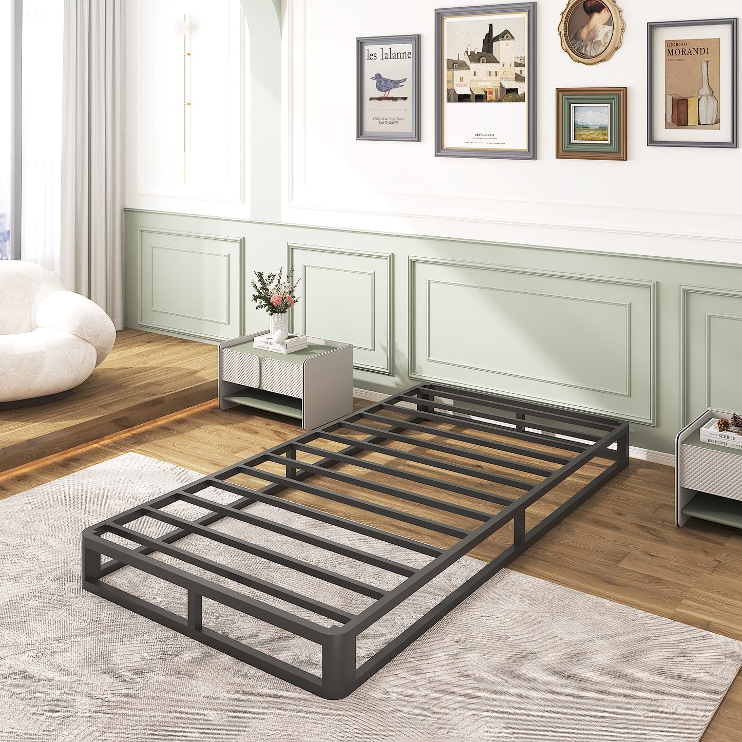 6/10 Inch Twin Size Bed Frames with Round Corner Edge，Low Profile Iron Twin Metal Platform Bed Frames with Steel Slats 3500 LBS Heavy Duty Support，Black Twin Bedframe，No Box Spring Needed