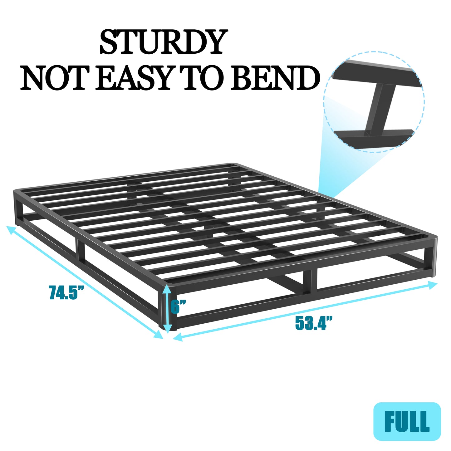 6/10 Inch Full Size Bed Frame with Round Corner Edge，Low Profile Iron Full Metal Platform Bed Frame with Steel Slats 3500 LBS Heavy Duty Support，Black Full Bedframe，No Box Spring Needed