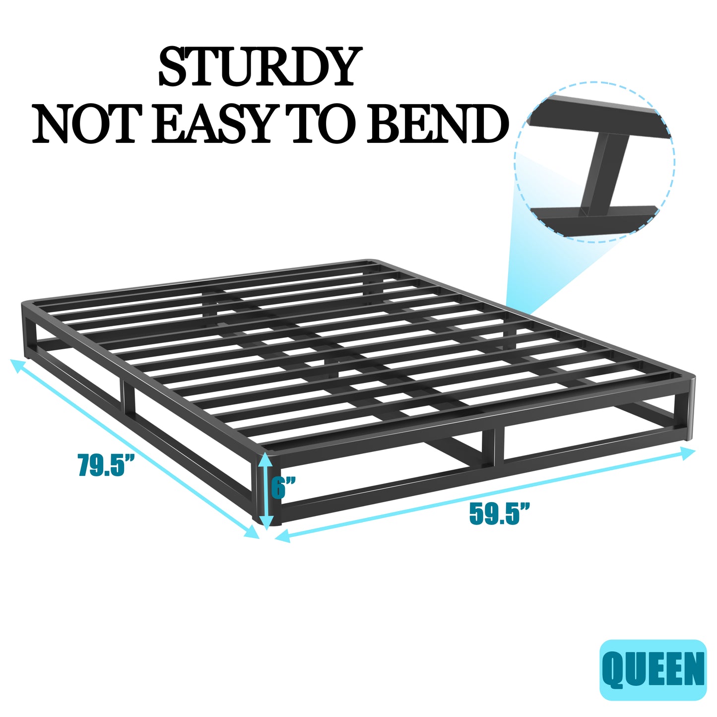 6/10 Inch Queen Size Bed Frame with Round Corner Edge，Low Profile Iron Queen Metal Platform Bed Frame with Steel Slats 3500 LBS Heavy Duty Support，Black Queen Bedframe，No Box Spring Needed