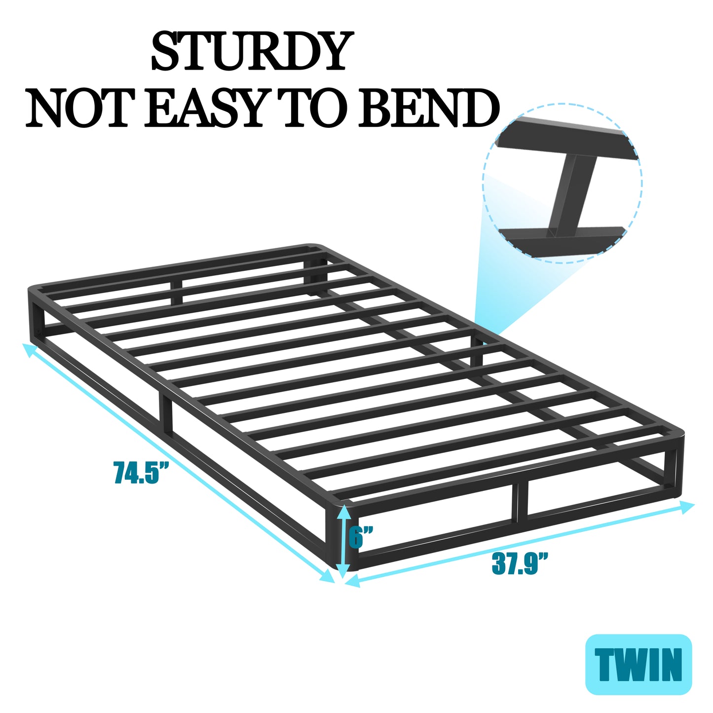 6/10 Inch Twin Size Bed Frames with Round Corner Edge，Low Profile Iron Twin Metal Platform Bed Frames with Steel Slats 3500 LBS Heavy Duty Support，Black Twin Bedframe，No Box Spring Needed