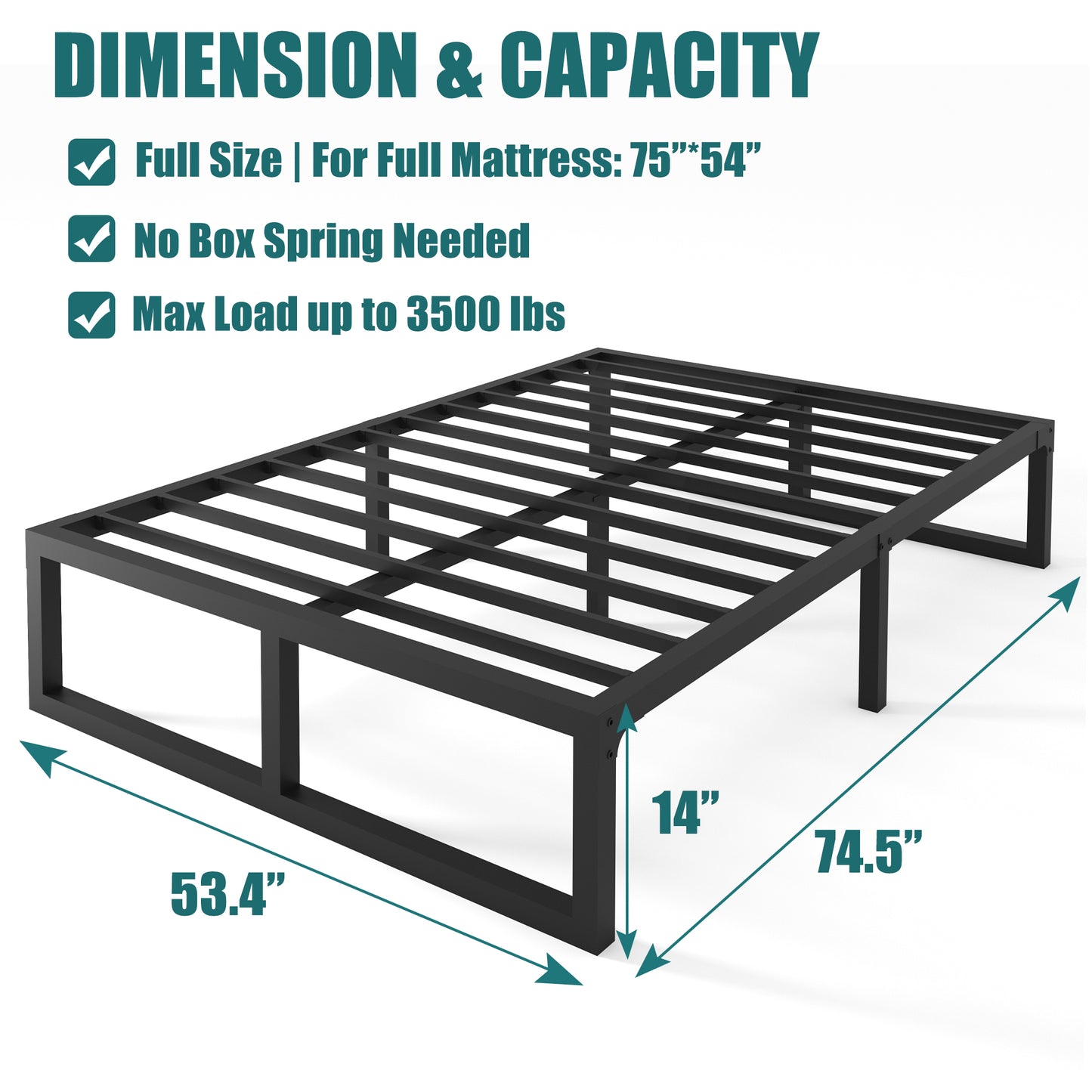 Full Size Bed Frame, 14 Inch Heavy Duty Support 3500 lbs Metal Platform, No Box Spring Needed/Noise Free/Non-Slip/Steel Slat Support/Easy Assembly
