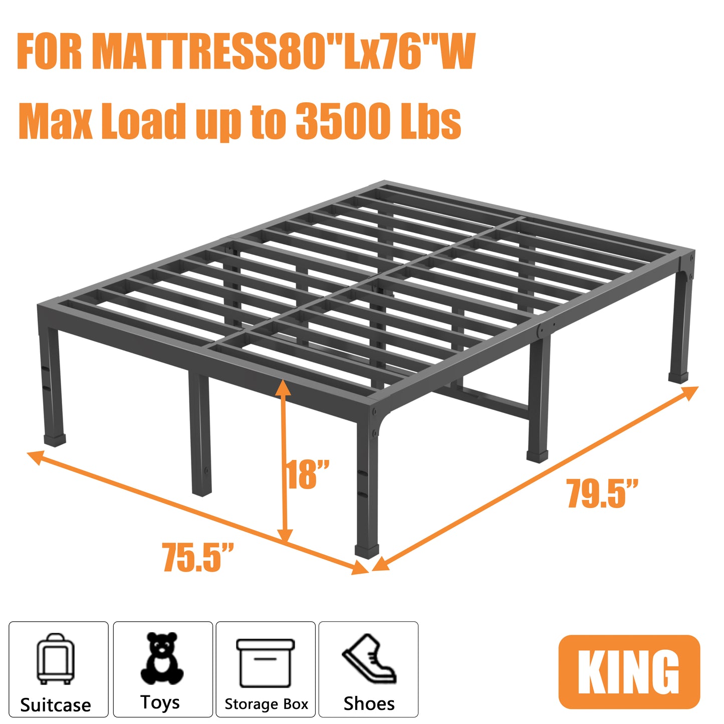 King Bed Frame, 14/18 Inch Heavy Duty Metal Platform Bed Frame King Size Support Up to 3500 lbs, No Box Spring Needed/No Shaking/Steel Slat Support/Noise Free/Easy Assembly