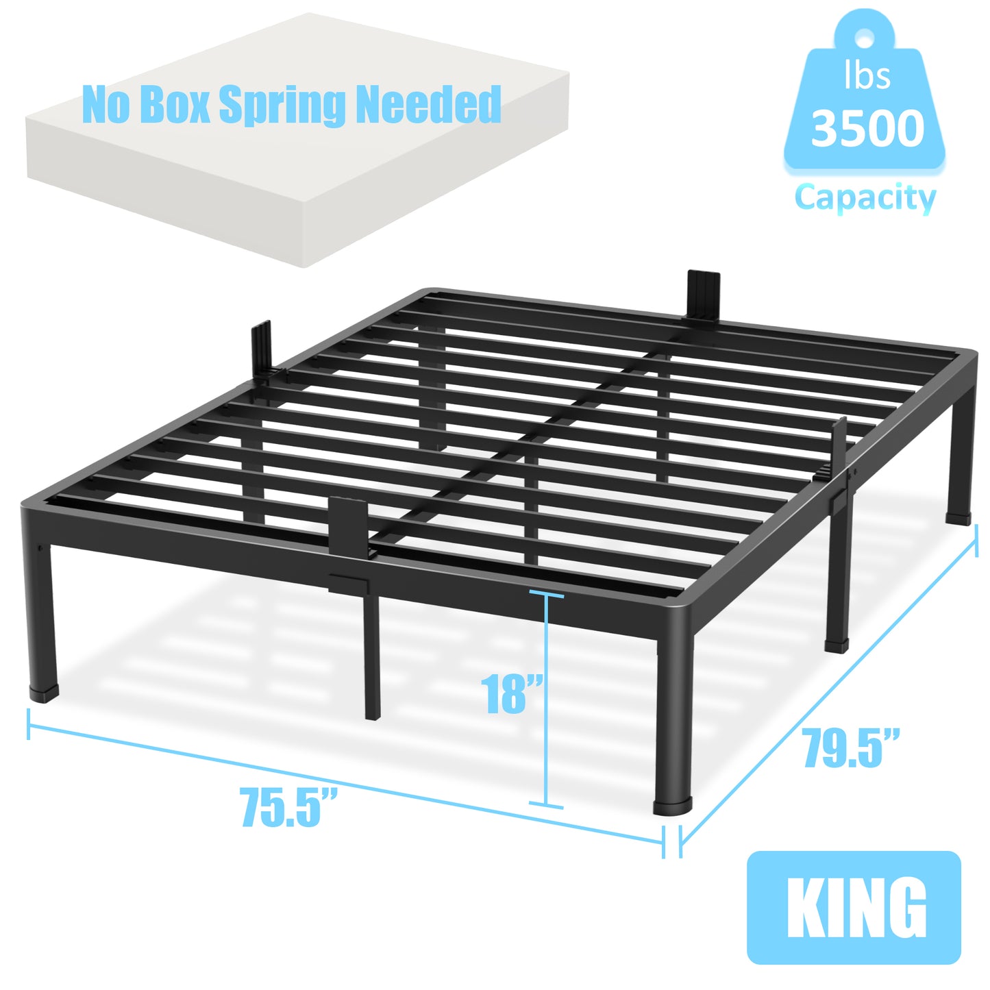 King Bed Frame with Round Corner Edge Legs, 14/18 Inch High 3500 lbs Heavy Duty Metal Platform Bed Frame King Size, No Box Spring Needed/Noise Free/Steel Slat Support/Non-Slip, Black