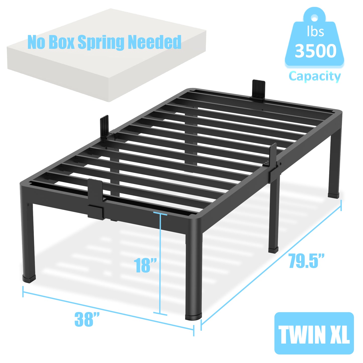 Twin XL Bed Frames with Round Corner Edge Legs 14/18 inch High 3500 lbs Heavy Duty Metal Platform Bed Frame Twin Size No Box Spring Needed/Non-Slip/Steel Slat Support/Noise Free