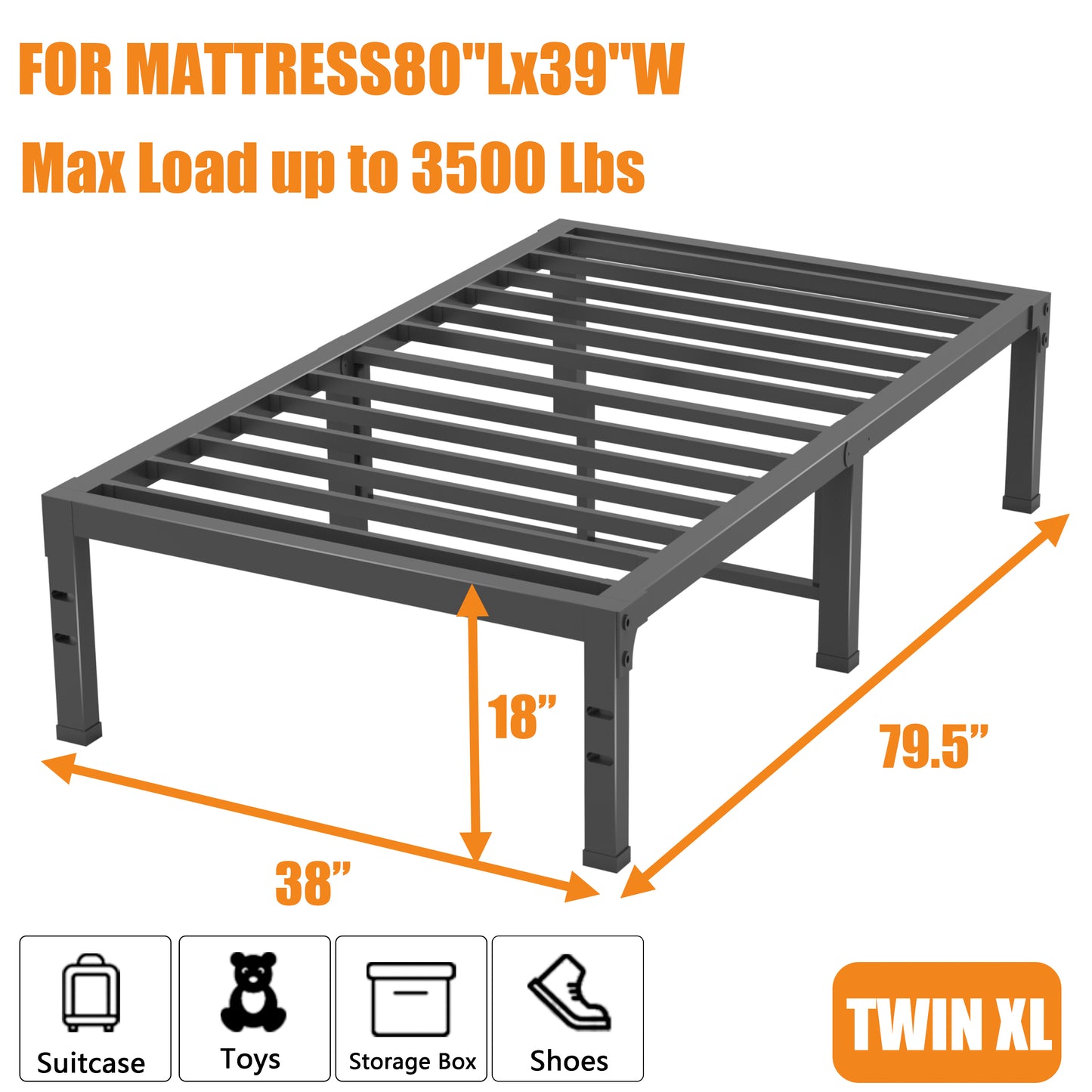 Twin XL Bed Frames 14/18 Inch Heavy Duty Metal Platform Bed Frame Twin Size Support Up to 3500 lbs, No Box Spring Needed/No shaking/Steel Slat Support/Noise Free/Easy Assembly